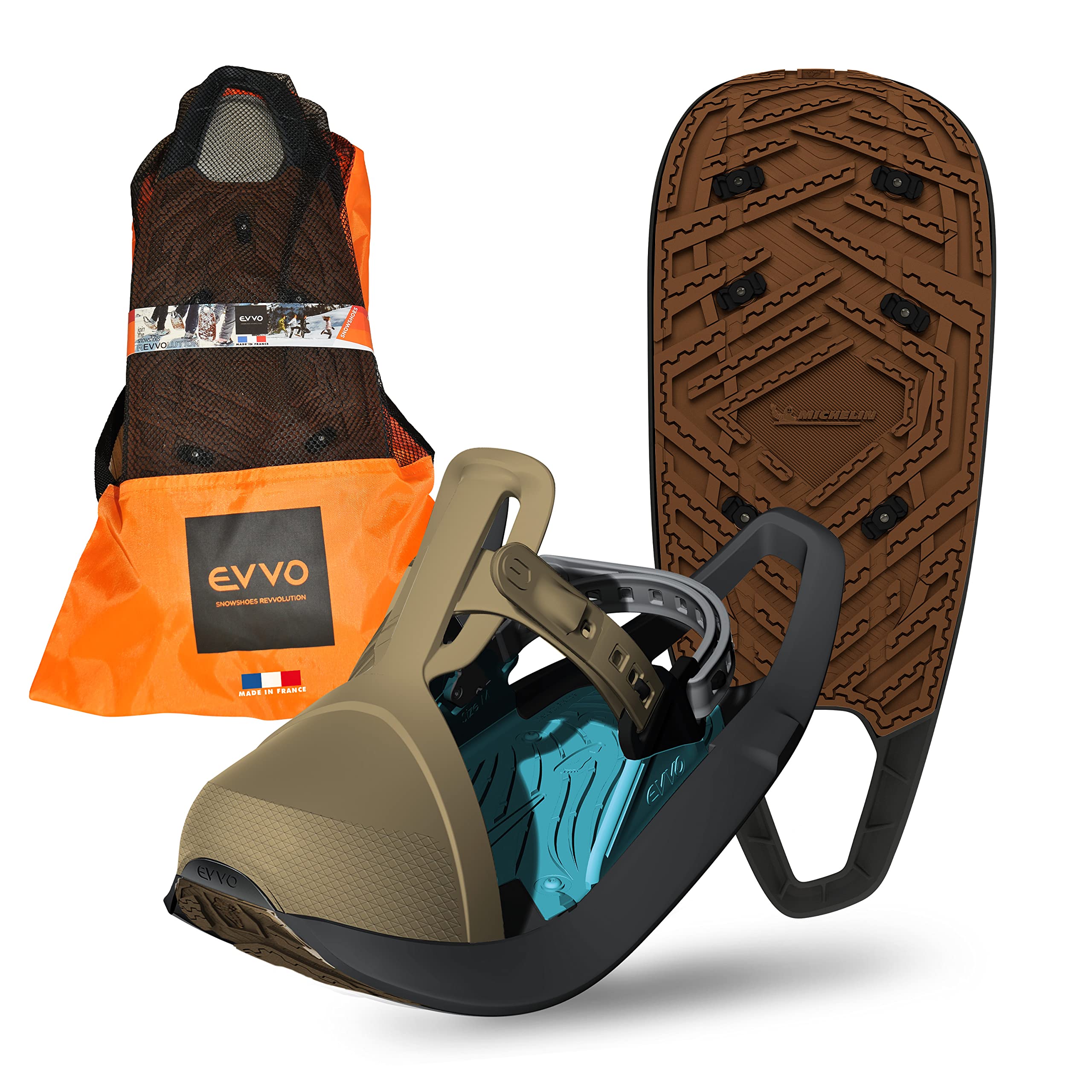 EVVO - TOREE - Raquette à Neige Made in France avec Semelles Biosourced90® Cloutées Michelin®, Fixations Réglables, pour Homme et Femme avec Sac de Transport Inclus, Tout Terrain, Randonnée Neige