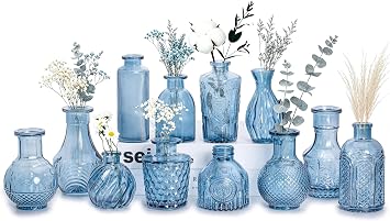 Amber Decorative Glass Vases Set 12 Pieces Vintage Style with Textured Pattern for Flowers and Home Decoration Blue 12 Pieces