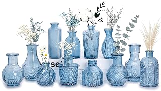 Dekorative Glasvasen Set, Bernstein, 12 Stück, Vintage-Stil mit Strukturmuster, für Blumen und Heimdekoration (Blau, 12 Stück)