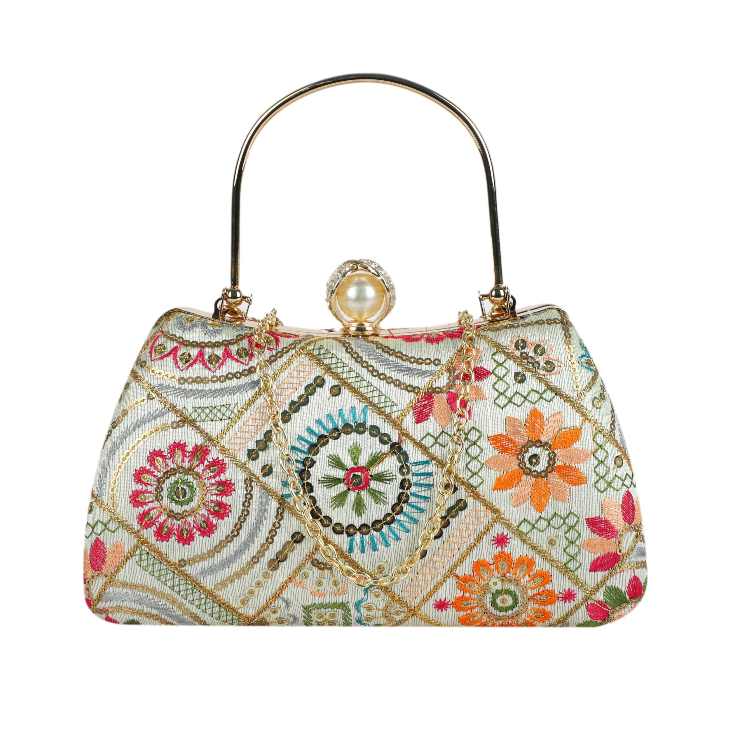 Handicraft Women’s Embroidered Clutch Purse | Designer Handbag with Golden Floral Print | Wedding, Cocktail, Party & Bridal Gift Bag for Women & Girls-image-0