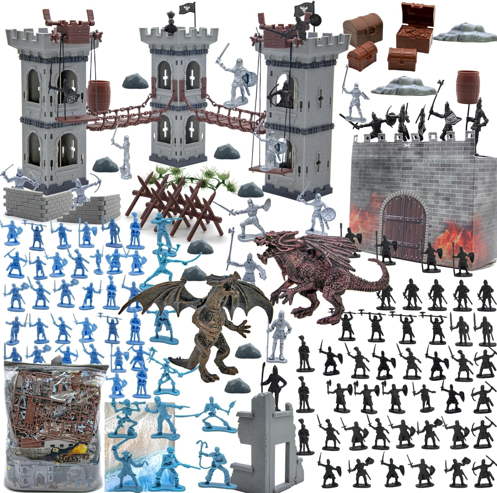Plustopoy Medieval Castle Knight Toy Soldier Figures Army Men Toys, The Medieval Times Middle Ages DIY Castle Building Toy Piracy Knight Action Figurines with Storage Bag,2 Dragons, 2 Bridges, 1 Map