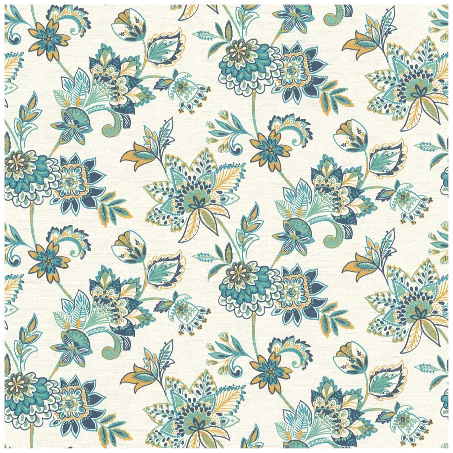 YöL Traditional Wallcovering - Floral Pattern - Teal Blue Cream Yellow - Statement Feature Wall - Dining Room Bedroom Living Room - Contemporary Versatile Sophisticated - Paste The Wall Wallpaper