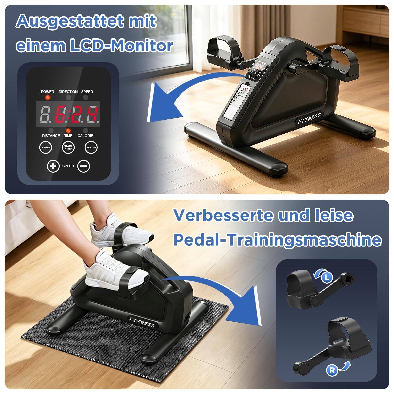 Elektrischer Pedaltrainer, Mini Heimtrainer mit Fernbedienung & LCD, Leiser Arm /Beintrainer mit Anti-Rutsch-Matte, Gelenkschonendes Fitnessgerät für Büro, Zuhause & Reha für Senioren