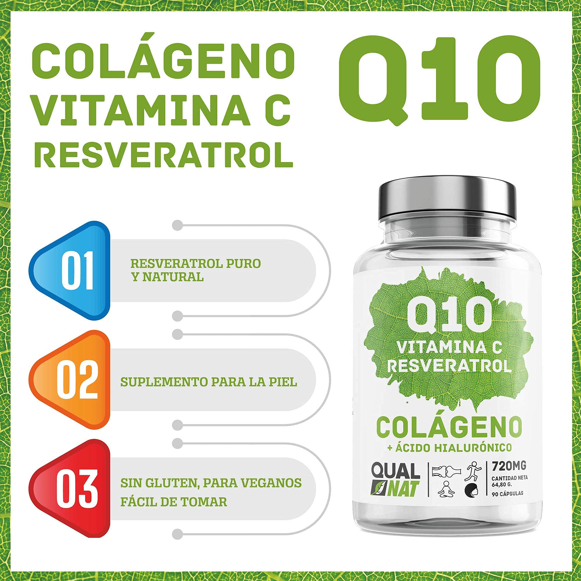Coenzima Q10 con Resveratrol, Vitamina C, Colágeno y Ácido Hialurónico | Ayuda a Fortalecer Piel, Huesos y Articulaciones - Antioxidante - 180 Cápsulas- QUALNAT