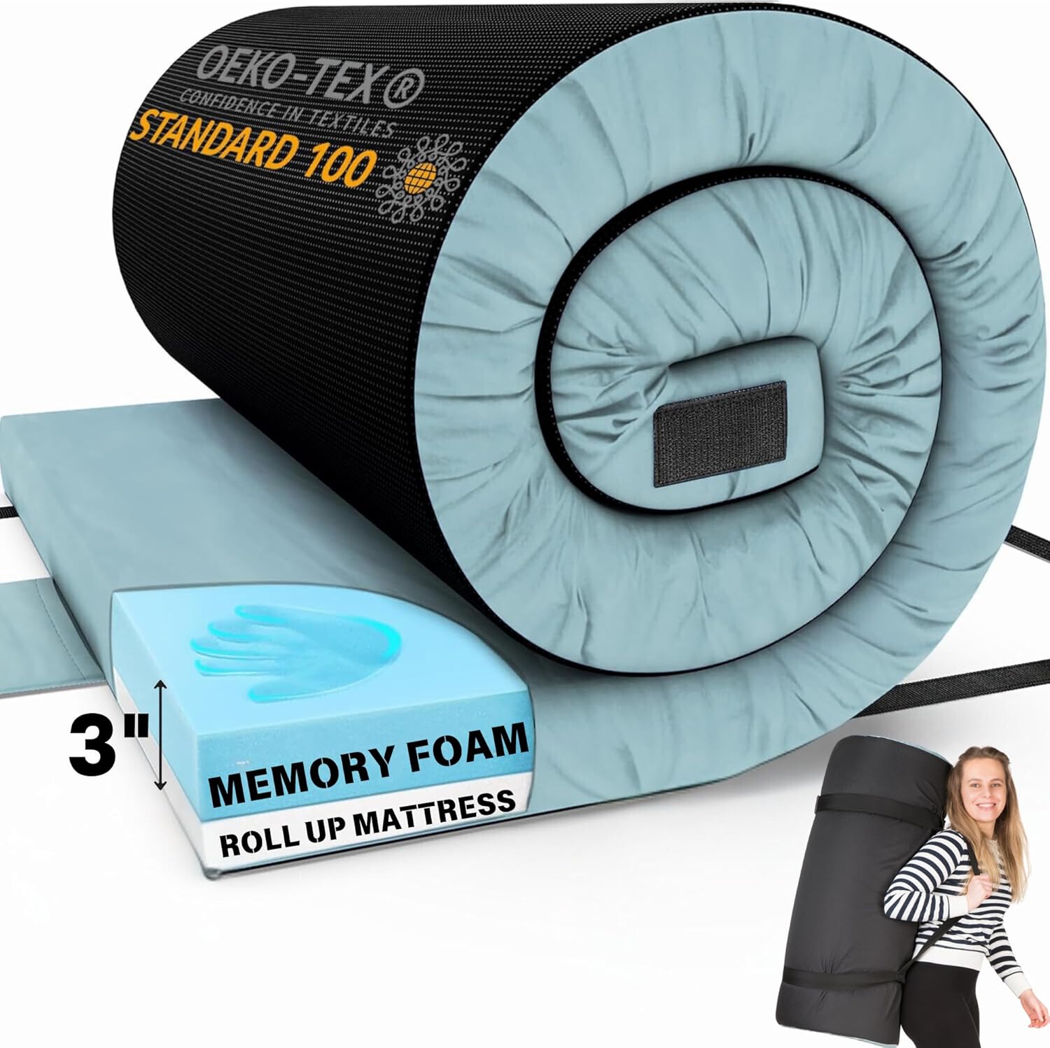 Matrix Comfort-Cell Memory Foam Camping Mattress Pad, Portable Foam Sleeping Pad for Camping, Roll up Sleeping Mat for Adults Floor Mattress Guest Floor Bed for Sleepover, Car, Tent SUV Cot Mattress