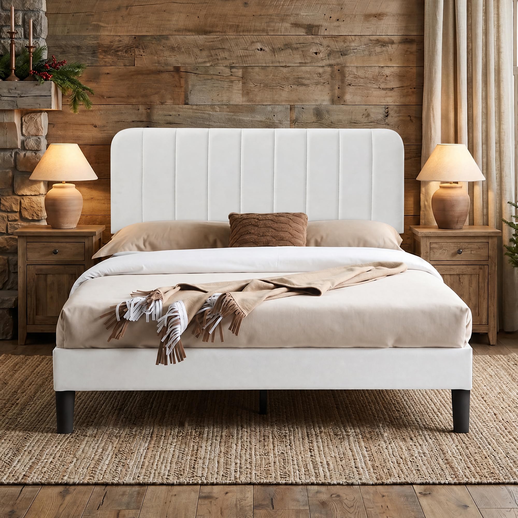 VECELO Upholstered Double Bed Frame with Velvet Headboard, 135 × 190 cm Platform Bed with Wooden Slats Support, Noise Free, No Box Spring Needed, Easy Assembly, White
