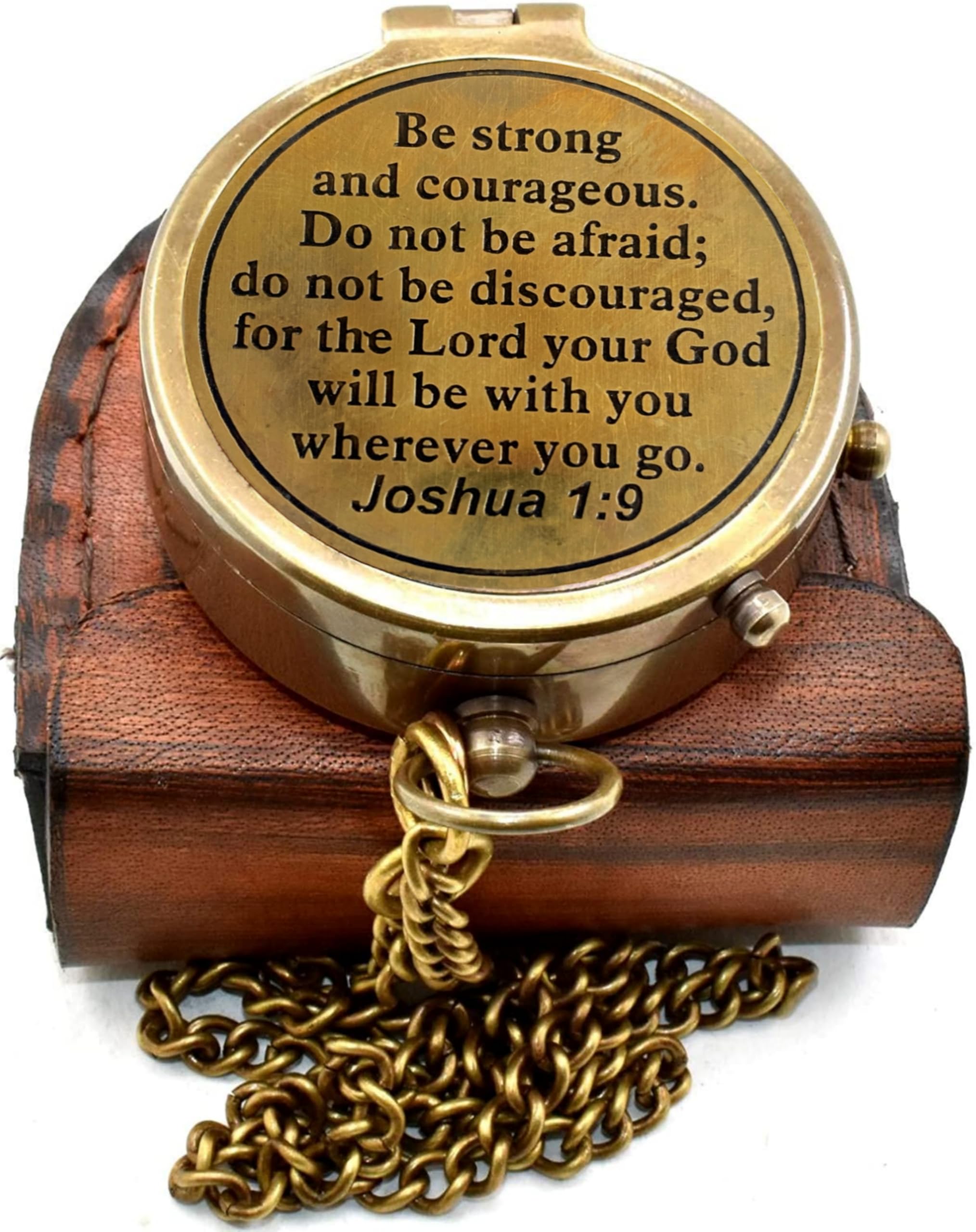 Be Strong and Courageous.Do Not Afraid; cita Joshua 1:9 Brújula de bolsillo antigua con funda de cuero, regalo religioso, brújula, regalo inspirador, regalo de comunión, regalo de bautizo, graduación