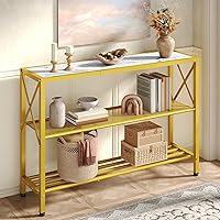 Hoctieon Gold 3-Tier Console Table - Narrow Entryway Hallway Sofa Table with Shelves, Vintage Wood & Metal, 42x12x30"