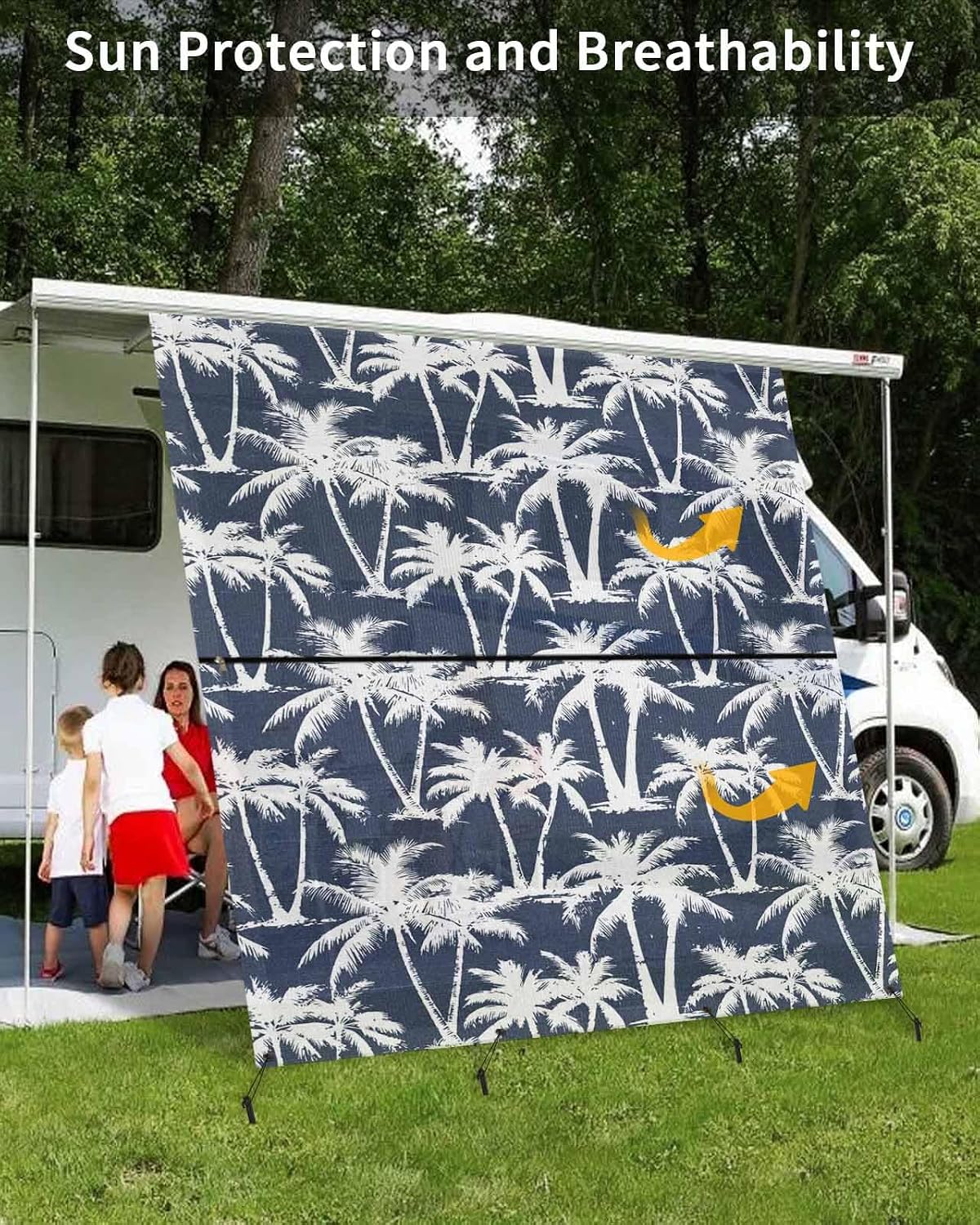 Navy Blue Palm Tree RV Awning Sun Shade Screen with Zipper 9'x7' Summer Tropical Coastal Beach Silver Tree Leaf Mesh Sunshade UV Blocker Awning Shade Complete Kits for Motorhome Camper Travel Canopy