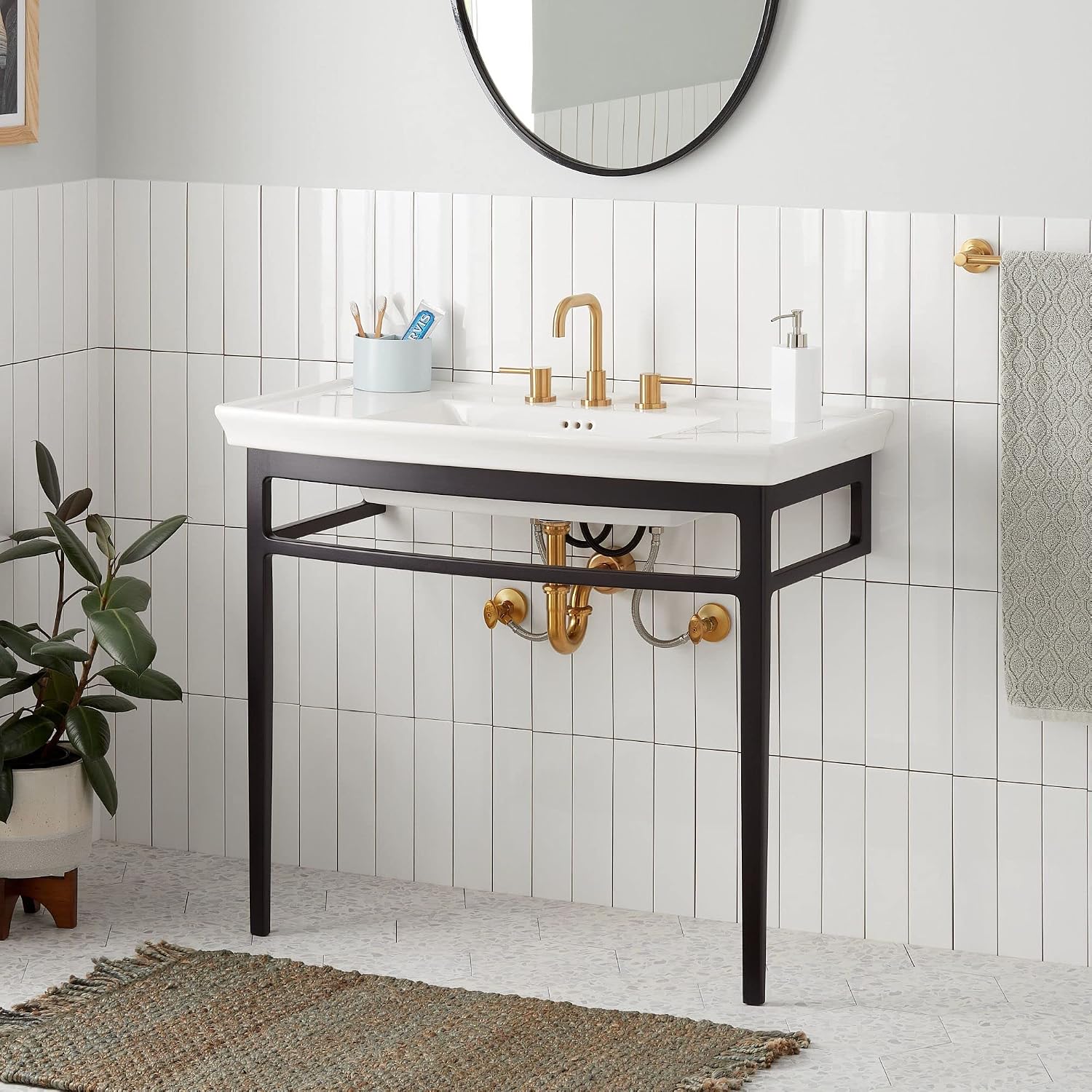Signature Hardware 483748 Olney 39-1/2" Porcelain Console Bathroom Sink with 3 Faucet Holes at 8" Centers