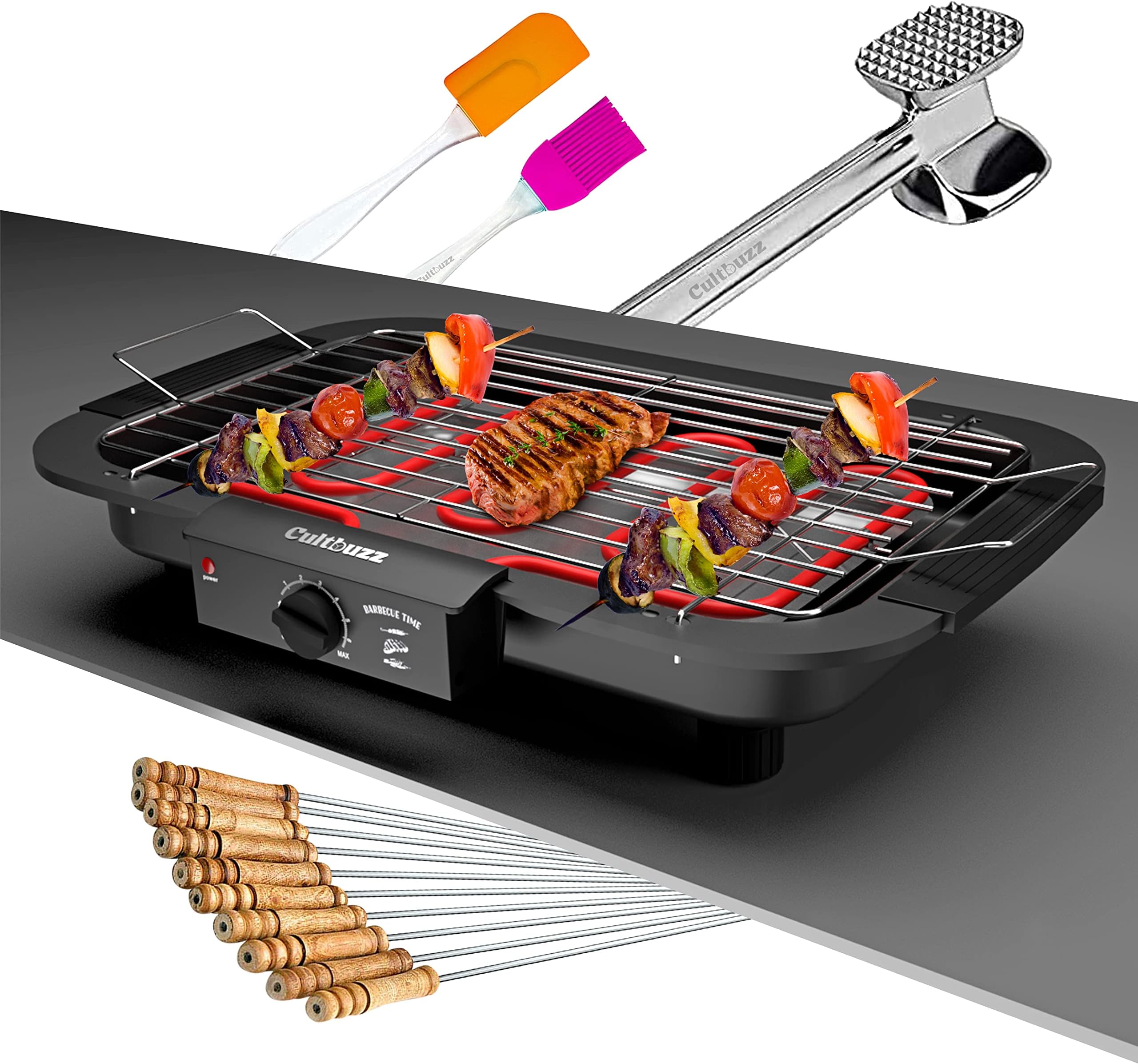 2000W Electric Barbecue Grill, Smokeless Portable Indoor Outdoor BBQ Grill with Adjustable Temperature Control and Removable Water Drip Tray (Hammer), Free Standing