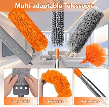 Feather Duster, 10PCS Bendable Microfiber Duster, Cobweb Brush,Detachable Gap Dust Brush with Extension Pole Up to 100'',Extendable Long Dusters for High Ceiling and Fans,Furniture