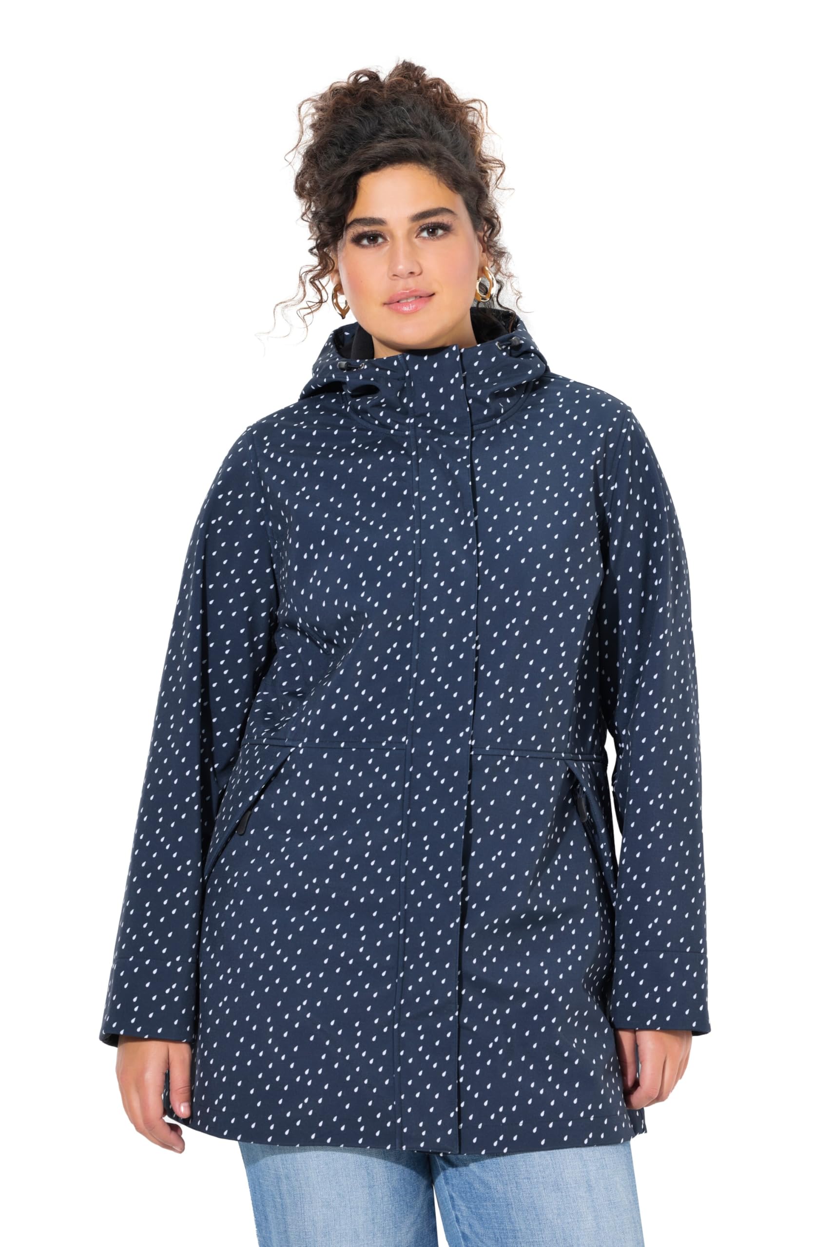 Ulla Popken Damen große Größen Übergrößen Plus Size Softshell-Longjacke, wasserdicht, Regentropfen-Muster, Kapuze 837623