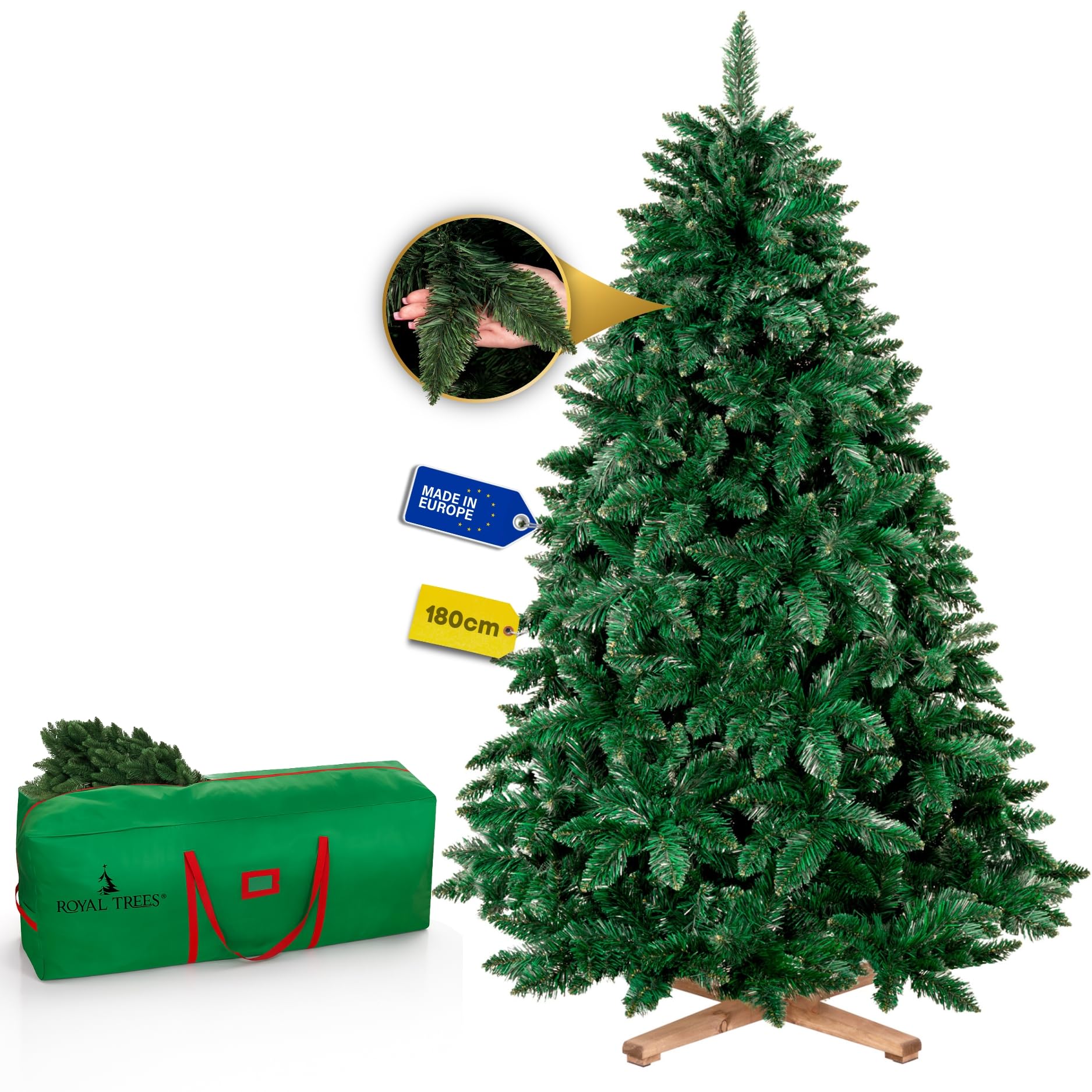Sapin de Noël artificiel 180 cm – Pin sylvestre artificiel, sapin de Noël réaliste avec 556 pointes, grand pin dense incl. support en bois stable et sac de rangement pratique
