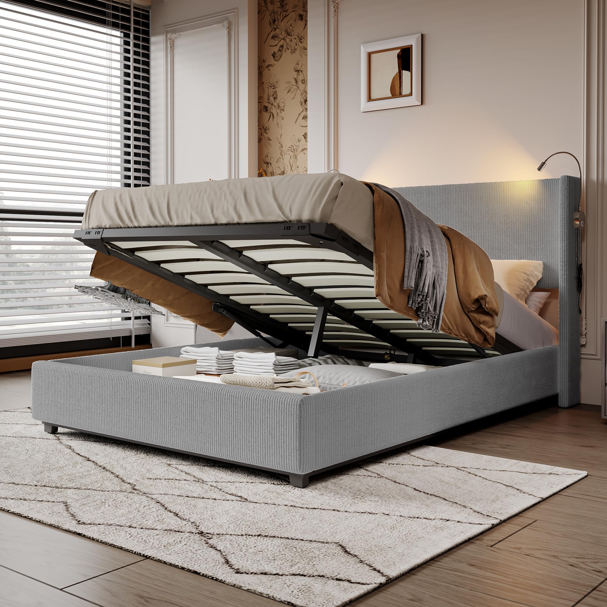 Tweepersoonsbed 140x200cm - lattenbodem en LED-hoofdbord met USB/C-aansluiting - Grijs Tweepersoonsbed 140x200cm - lattenbodem en LED-hoofdbord met USB/C-aansluiting - Grijs