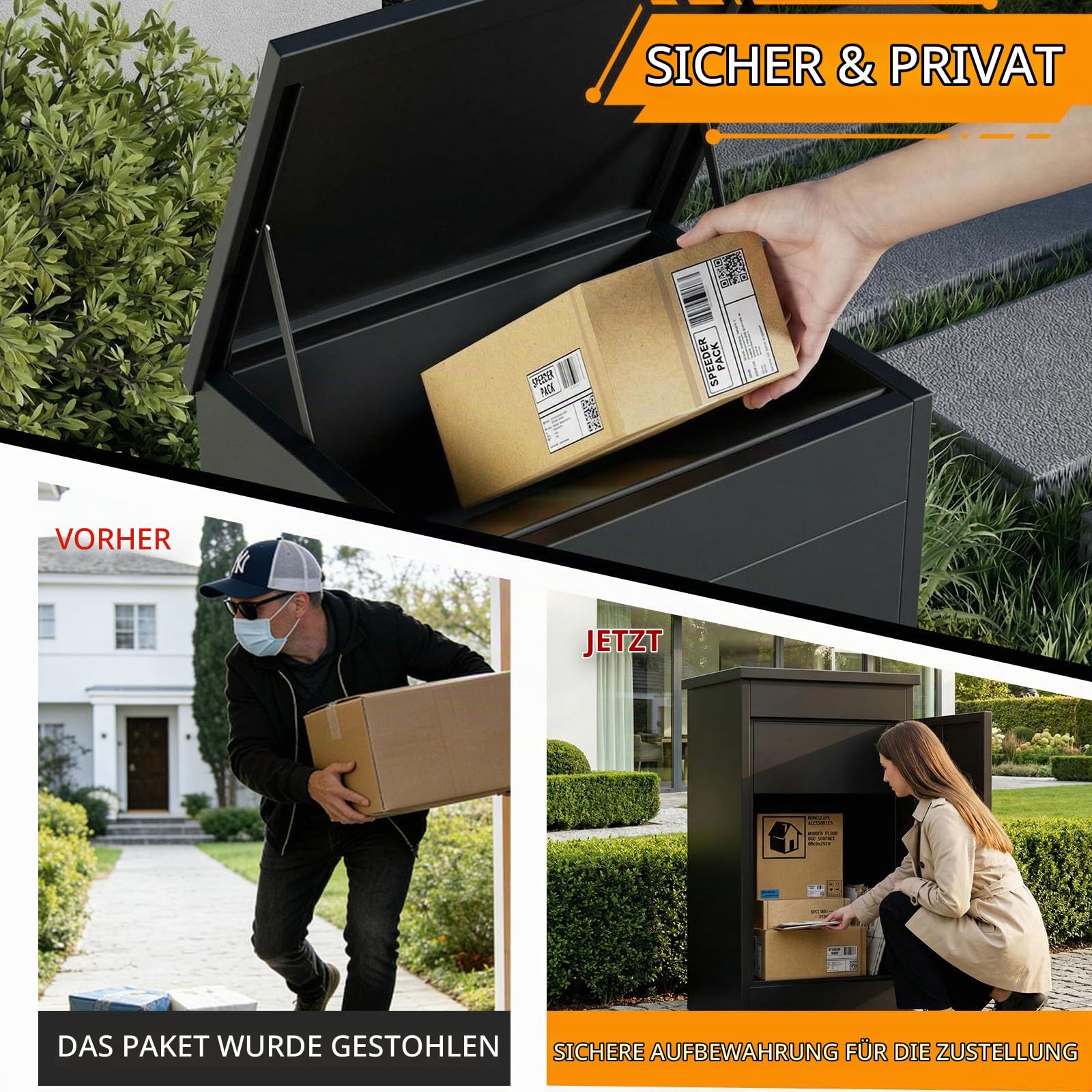 MSFE Standbriefkasten mit Paketfach,Briefkasten Paketbox mit Zahlenschloss,Extra Große Paketboxen für Den Außenbereich,Wasserdicht,Diebstahlgeschützter Paketbriefkasten für Pakete,Briefe,63*112*49.5cm