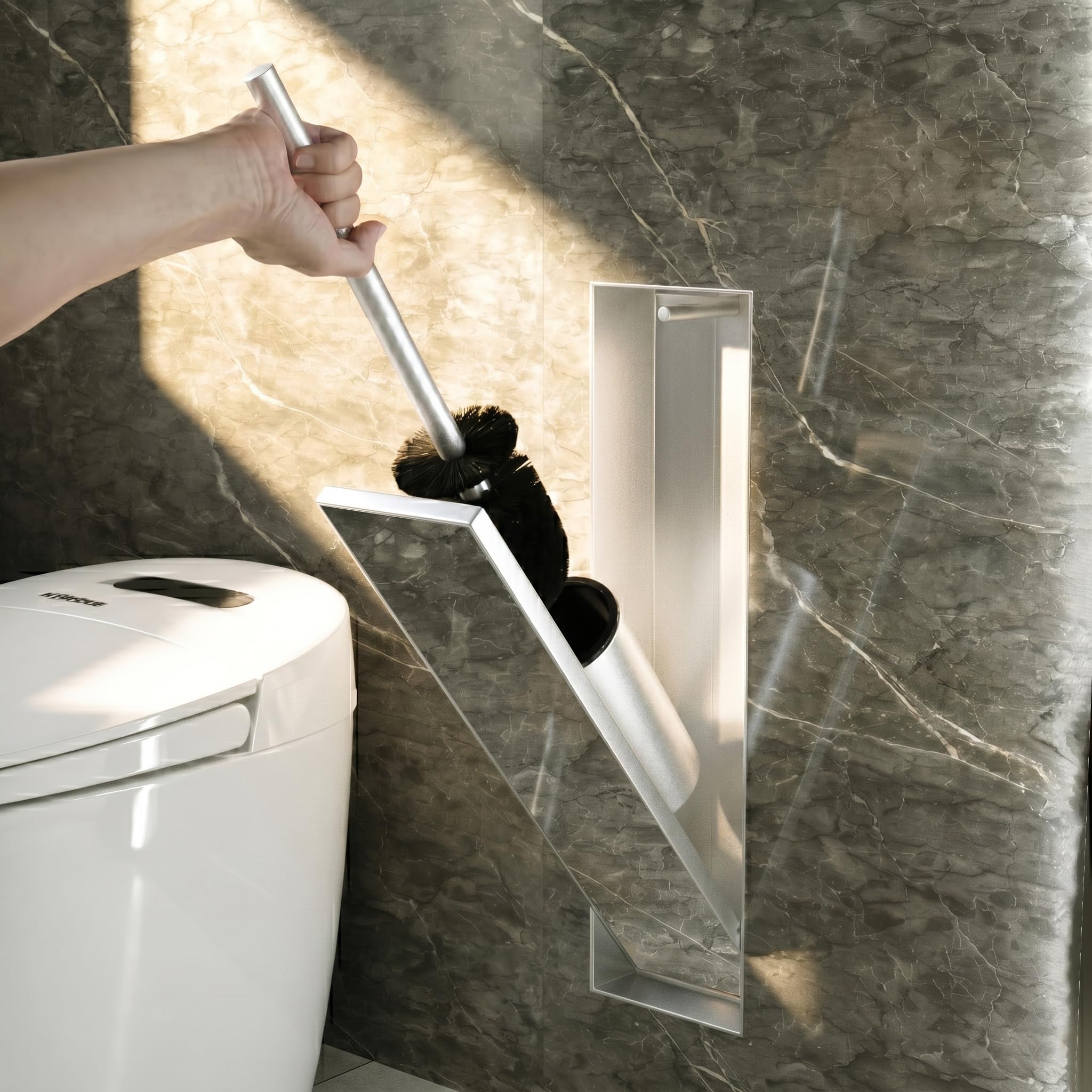 Portascopino salvaspazio con montaggio a F, elegante design bianco (75 x 20 x 14 cm) per bagni moderni, facile installazione e strumento di pulizia elegante
