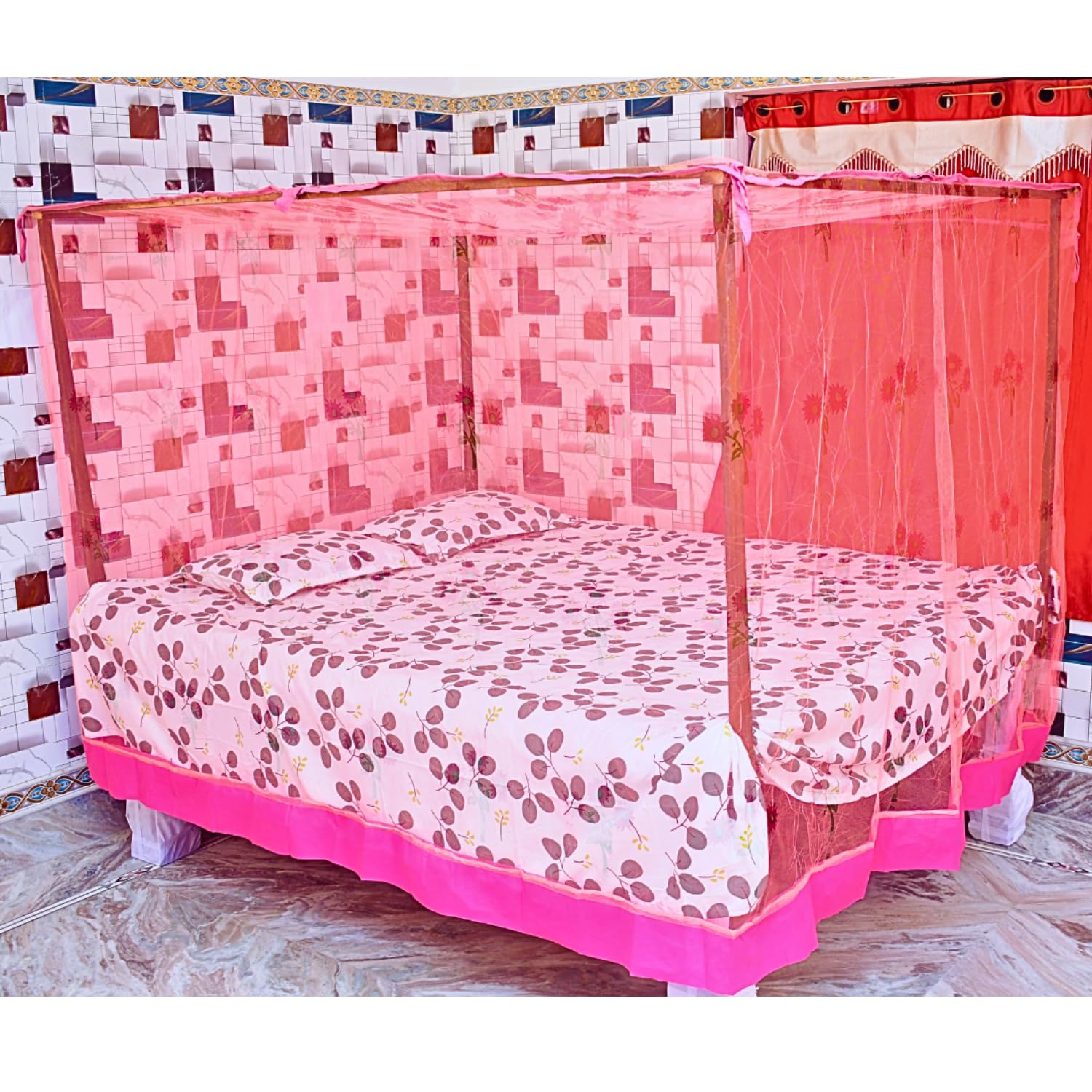 Premium Floral Design Mosquito Net with Cotton Tape, Foam Bottom for Queen and Double Size Bed (Sweet Pink, Double Bed)-image-20