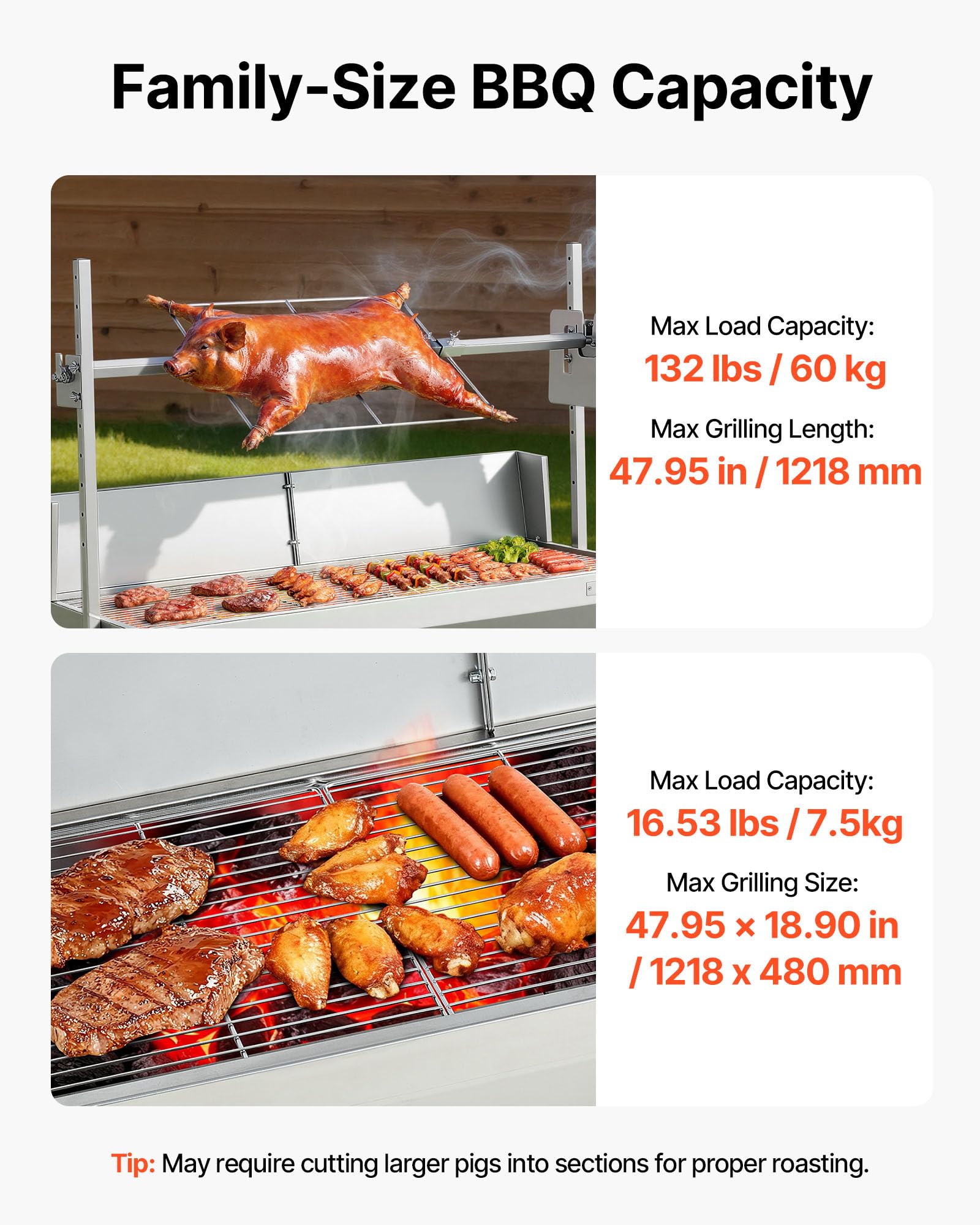 VEVOR Griglia per Maialino Griglia a Carbone, Lunghezza 1218 mm 38 W con Carico di 60 kg e Ruote e Regolazione dell'Altezza a 4 e Vie Copertura Protettiva, in Acciaio Inossidabile per Campeggio