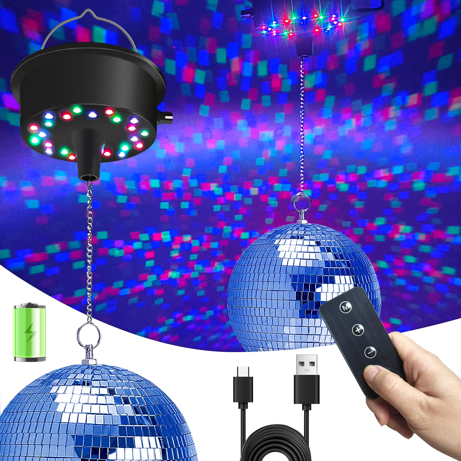 Disco Ball with Motor and Light, Palujorty 6'' Mirror Ball and 5-9 RPM 24 LED Motor with Remote for Disco Party Decoration, Wedding, Birthday(USB/Battery Powered)