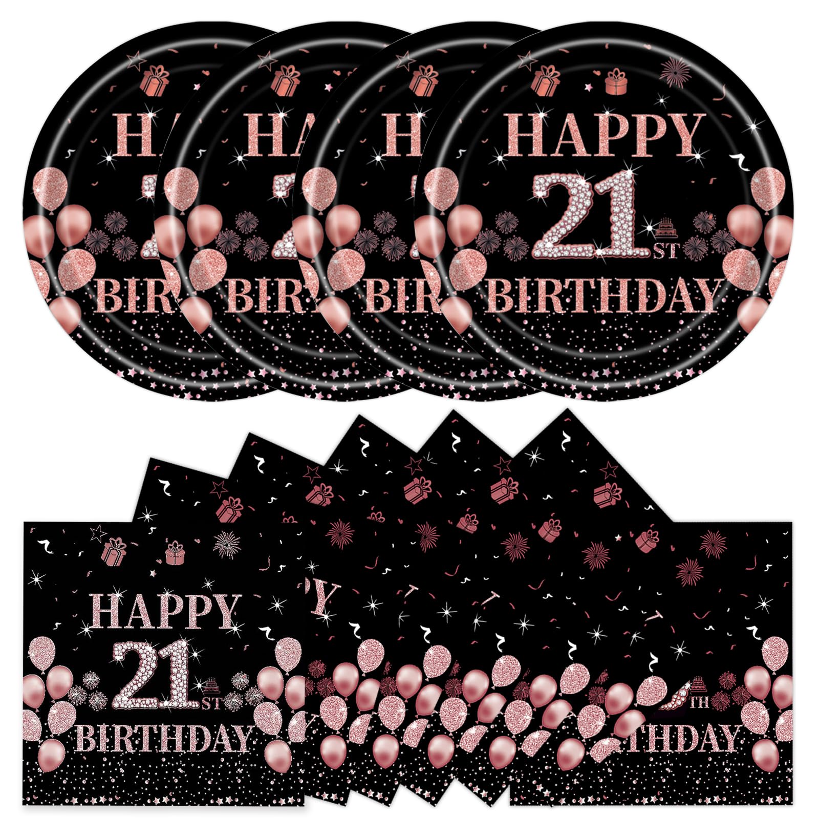 DHAIQC 50 Pcs 21st Party Supplies Birthday Paper Plates and Napkins, 7 Inch Black Rose Gold 21st Birthday Plates Napkins Tableware Set for Men Women Cheers to 50 Years Decorations (21st)