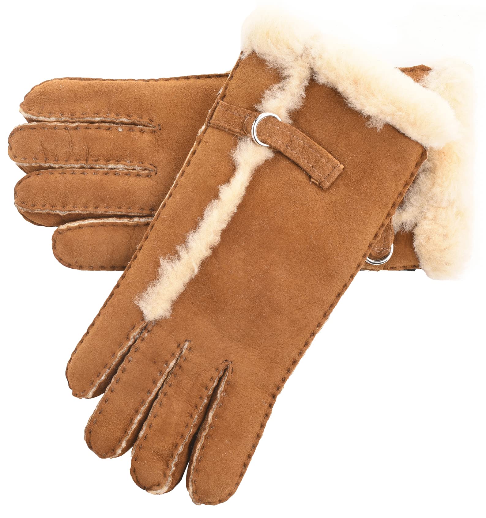 Lambland Women's Chestnut Premium Sheepskin Gloves With Buckle Feature And Wool Out Trim Cold Weather Glove In Size Large