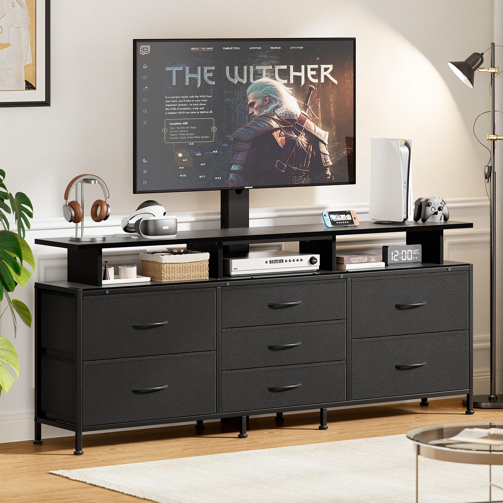 REAHOME TV Stand with Mount, 63" Entertainment Center for 32/45/55/60/65/70 inch TVs, Media Console Table with 7 Drawers, Height Adjustable Mount, Dresser TV Stand for Living Room, Carbon Fiber Black