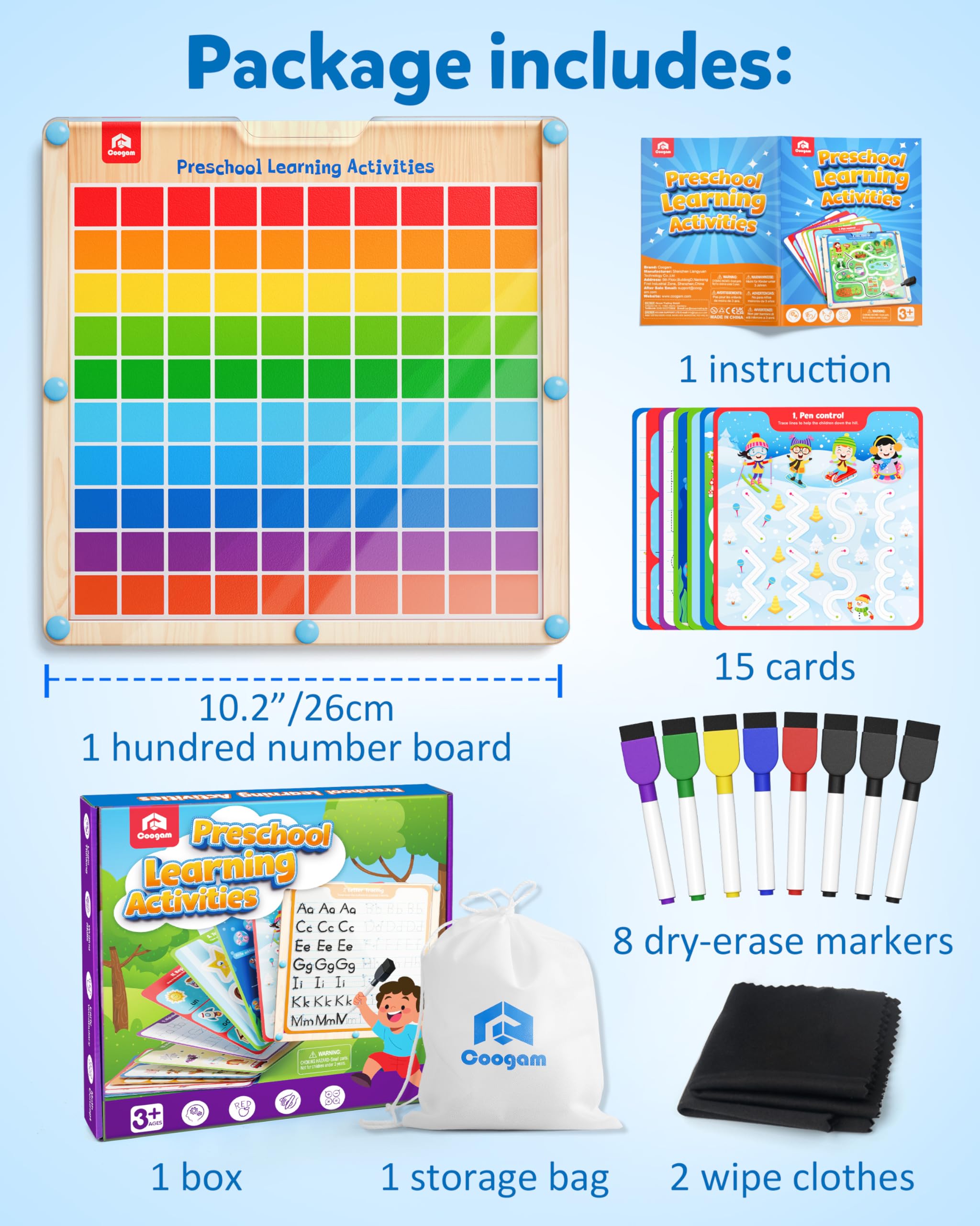 Coogam Montessori Tableau à cent pour l'écriture manipulative en bois, jouets Montessori chiffres de 1 à 100, pratique de l'écriture de l'alphabet pour activité éducative préscolaire, jeu