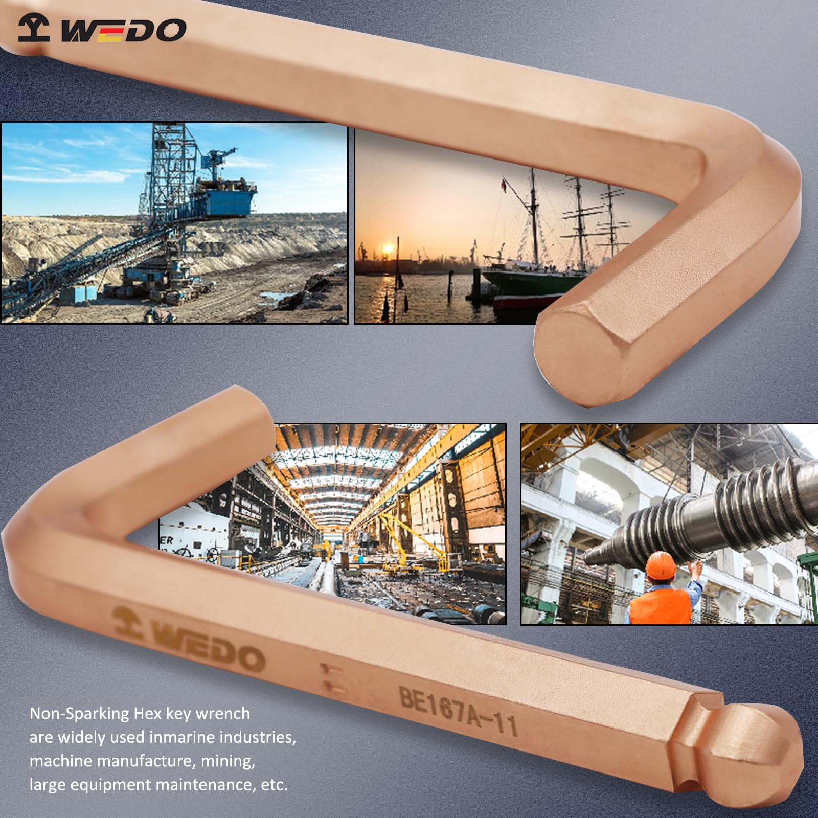 WEDO Nieparkingowy klucz imbusowy z kulką, klucz bezpieczeństwa bez iskier, miedź berylowa, standard DIN, certyfikat BAM i FM, 0,39", szerokość 10 mm