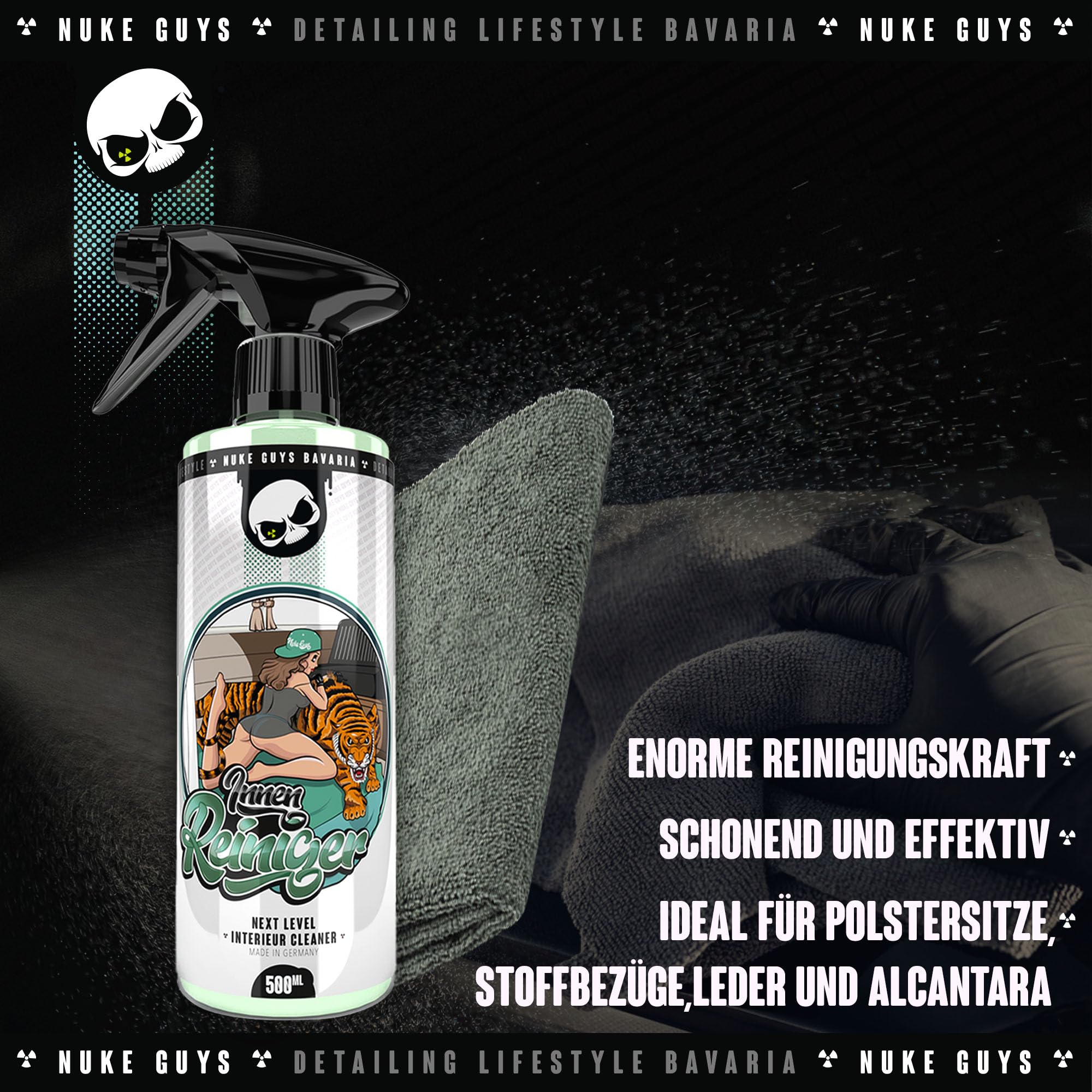 Nuke Guys Auto Reinigungsset Innenraum | Innenraumreiniger + Glasreiniger + 1x Fenstertuch + Auto Duft + Cockpit Tücher Matt + 1x Detailing Pinsel + 1x Mikrofasertuch | Autopflege Set