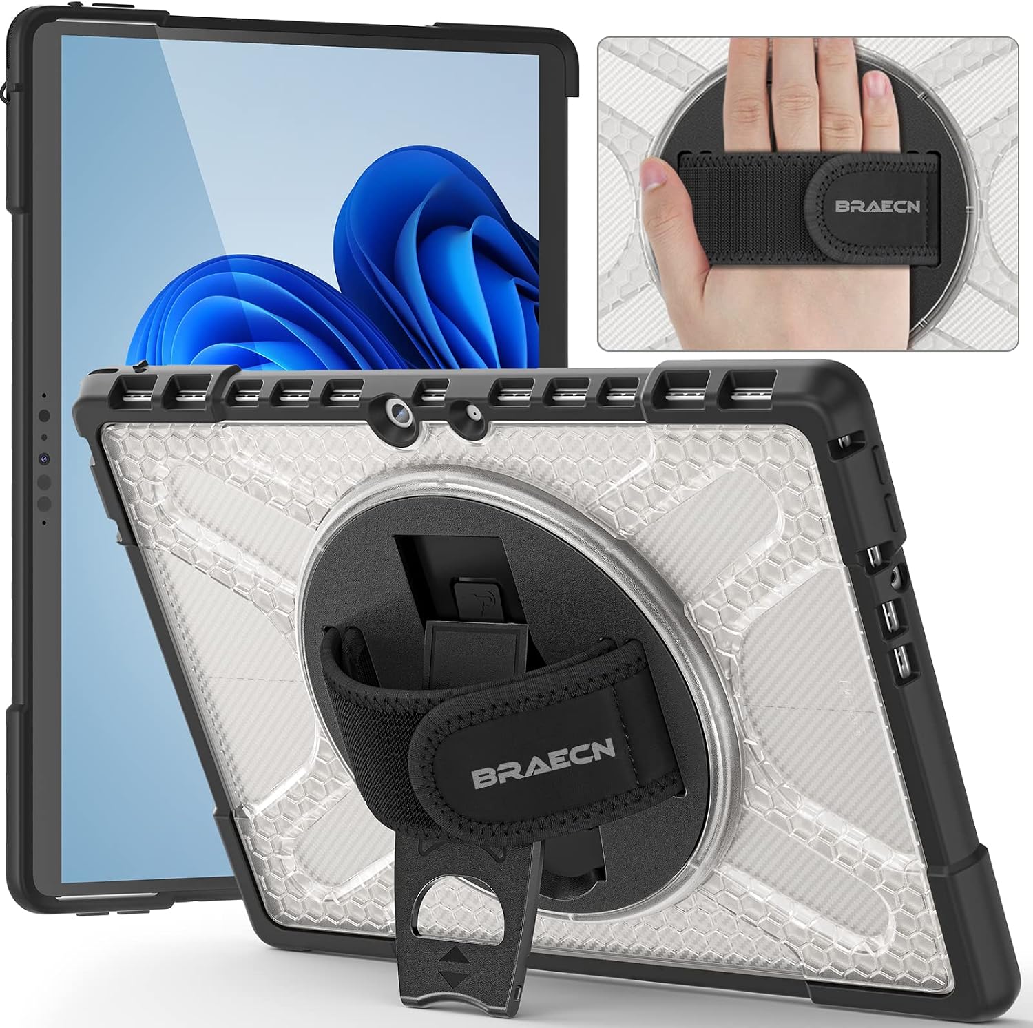 BRAECN Surface Pro 8 13 inch 2021 Protective Case,Rugged Protective Cover with 360 Degree Rotating Stand for Microsoft Surface Pro 8 13 inch -Transparent