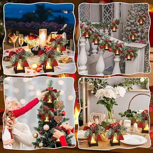 Miniatura 6 de 6 faroles decorativos de Navidad con velas LED parpadeantes sin llama para colgar, faroles decorativos con lazo de bayas y batería incluida para