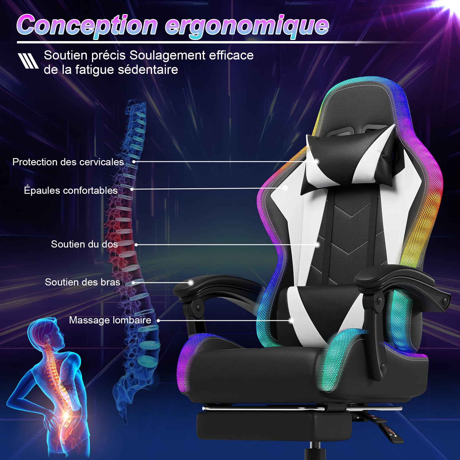 Devoko Chaise Gaming Ergonomique avec LED RGB, Massage Lombaire & Repose-Pieds – Fauteuil Gamer avec Appui-tête réglable – Dossier inclinable & Hauteur Ajustable – 180 kg,Blanc