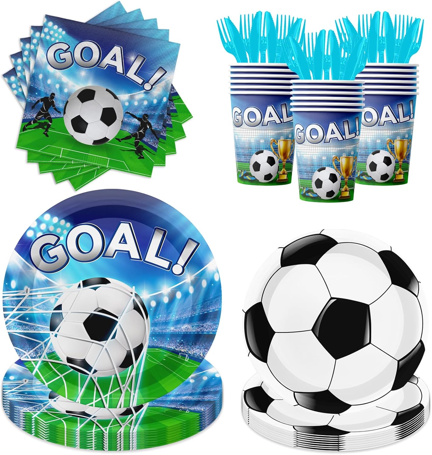 Soccer Party Decorations Tableware,144pcs Soccer Plates and Napkins,Cup,Fork,Knife, Blue Soccer Party Plates and Napkins for Sports Soccer Theme Party Decorations,Sever 24