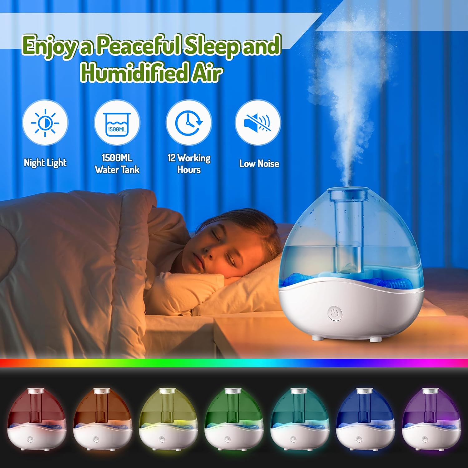 Cool Mist Humidifiers for Bedroom - 1.5L Small Quiet Ultrasonic Air Humidifier with 5 Filters Colorful Night Light for Baby Kids Plants Office Nursery Work Home Living Room Office Indoor (Blue)