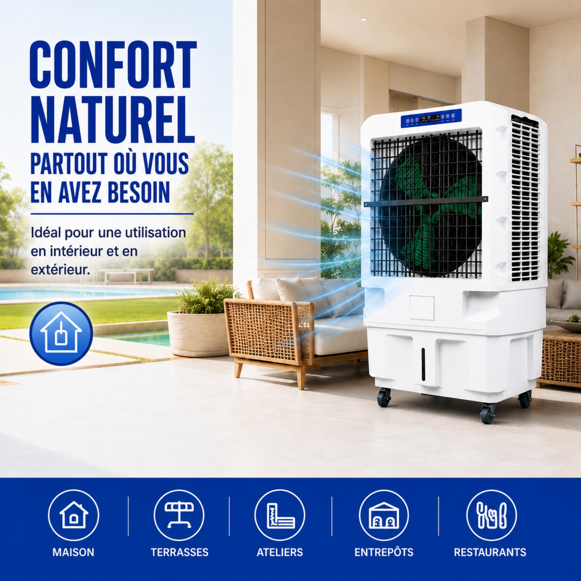 Climatizador Evaporativo Profesional VONALA EOLUS 120 PRO – Enfriador de Aire Portátil, Depósito 50L, Caudal 13000 m³/h, Cobertura 150m², 800W, Industrial Pórtatil, Ideal Terrazas y Hostelería