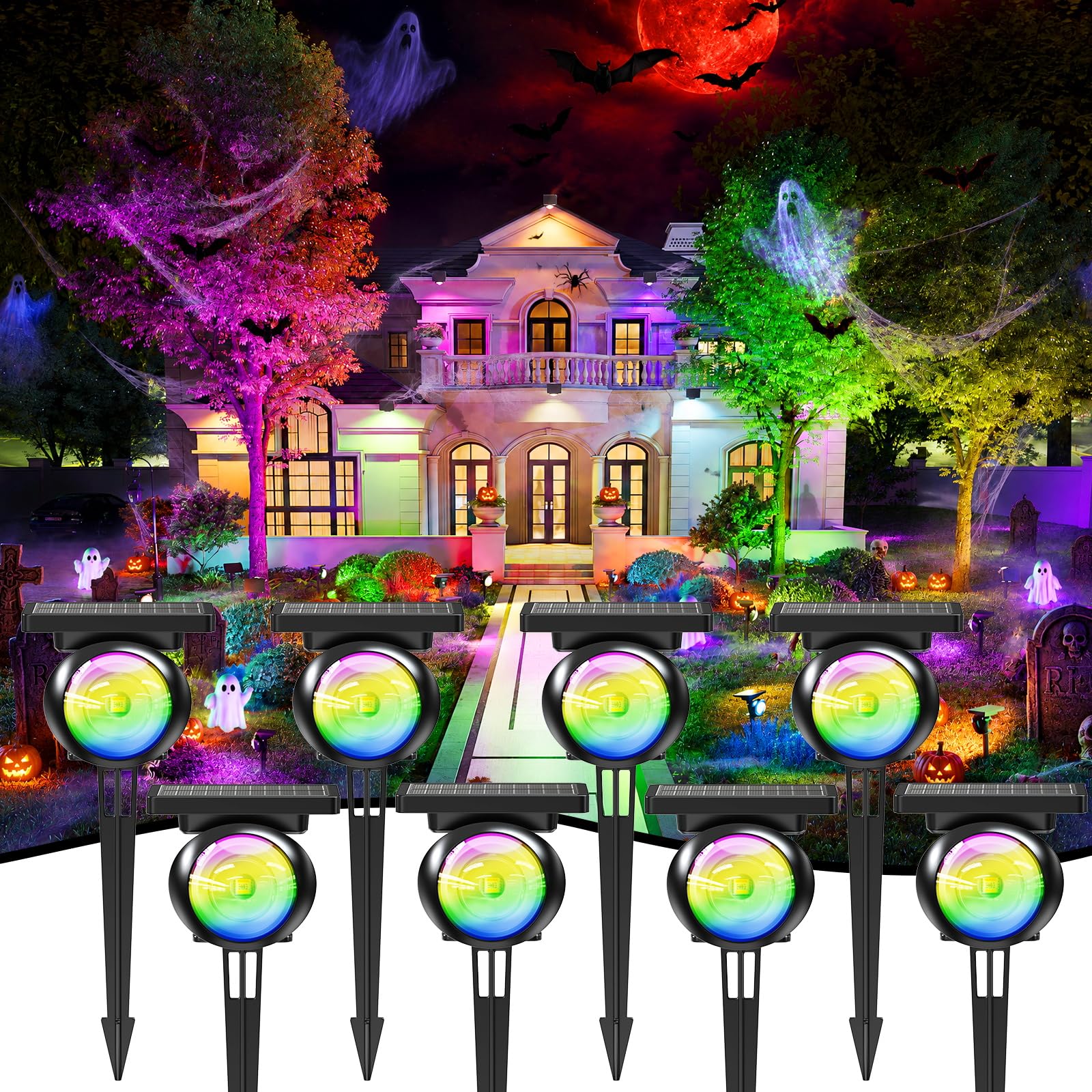 Focusing Solar Spot Lights Outdoor Waterproof, RGB+3CCT Tree Uplights 8Pack