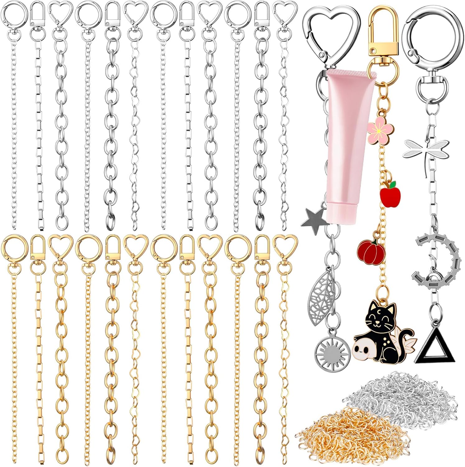 Liliaafar 96 Set Keychain Making Kit Gold Silver Metal Keychain Clips with Key Ring Swivel Snap Hook Lobster Claw Clasps Extender Chain Bulk for DIY Craft Lip Gloss Bag Accessories Gift (Gold,Silver)