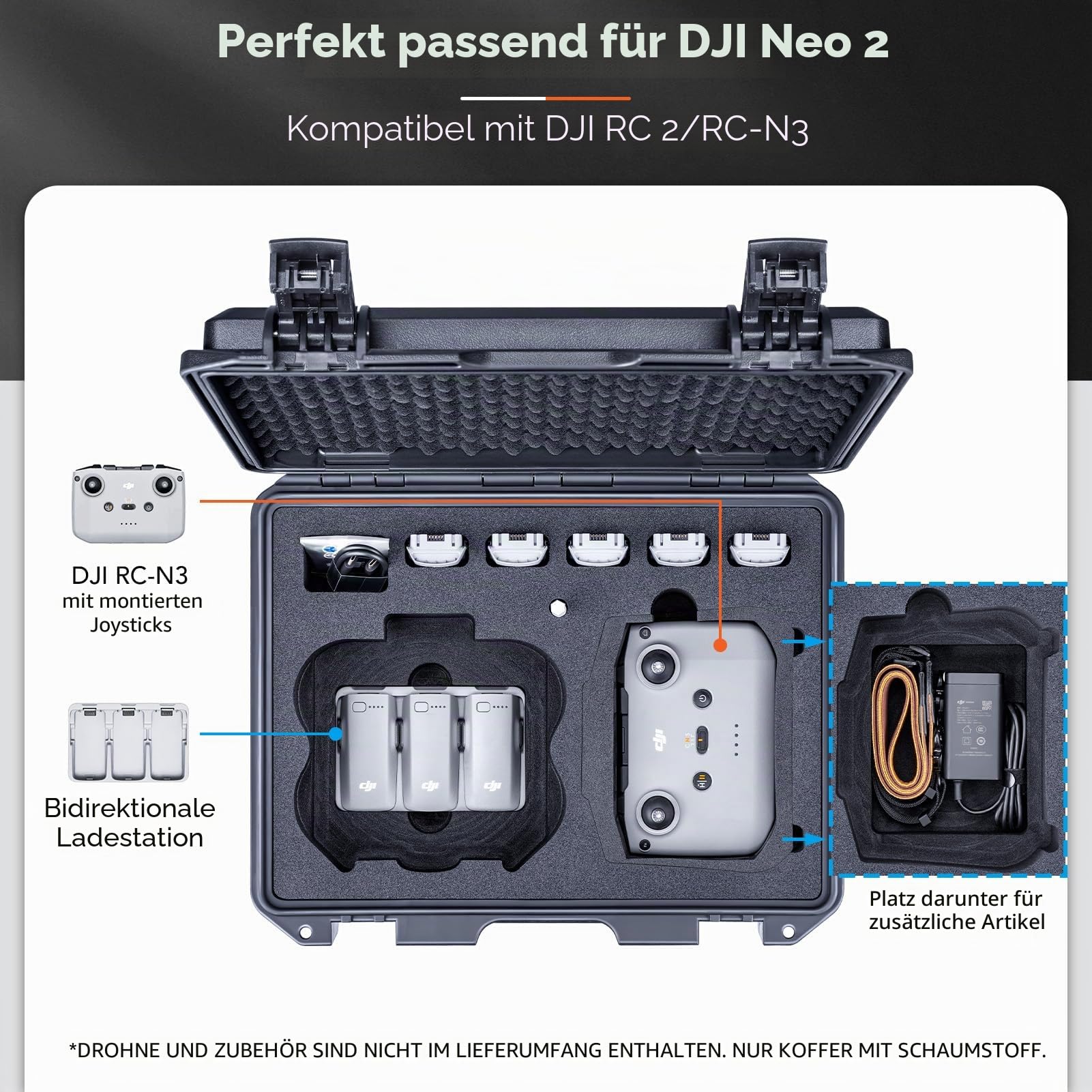 Lykus Titan N220 Wasserdichter Hartschalenkoffer für DJI Neo 2, RC2/RC-N3 | NUR KOFFER,Passend für Fly More Combo,RC Lanyard,Bis zu 9 Akkus,IP67 wasserdicht,Stoßfest,CNC-gefrästes Premium-Schaumstoff