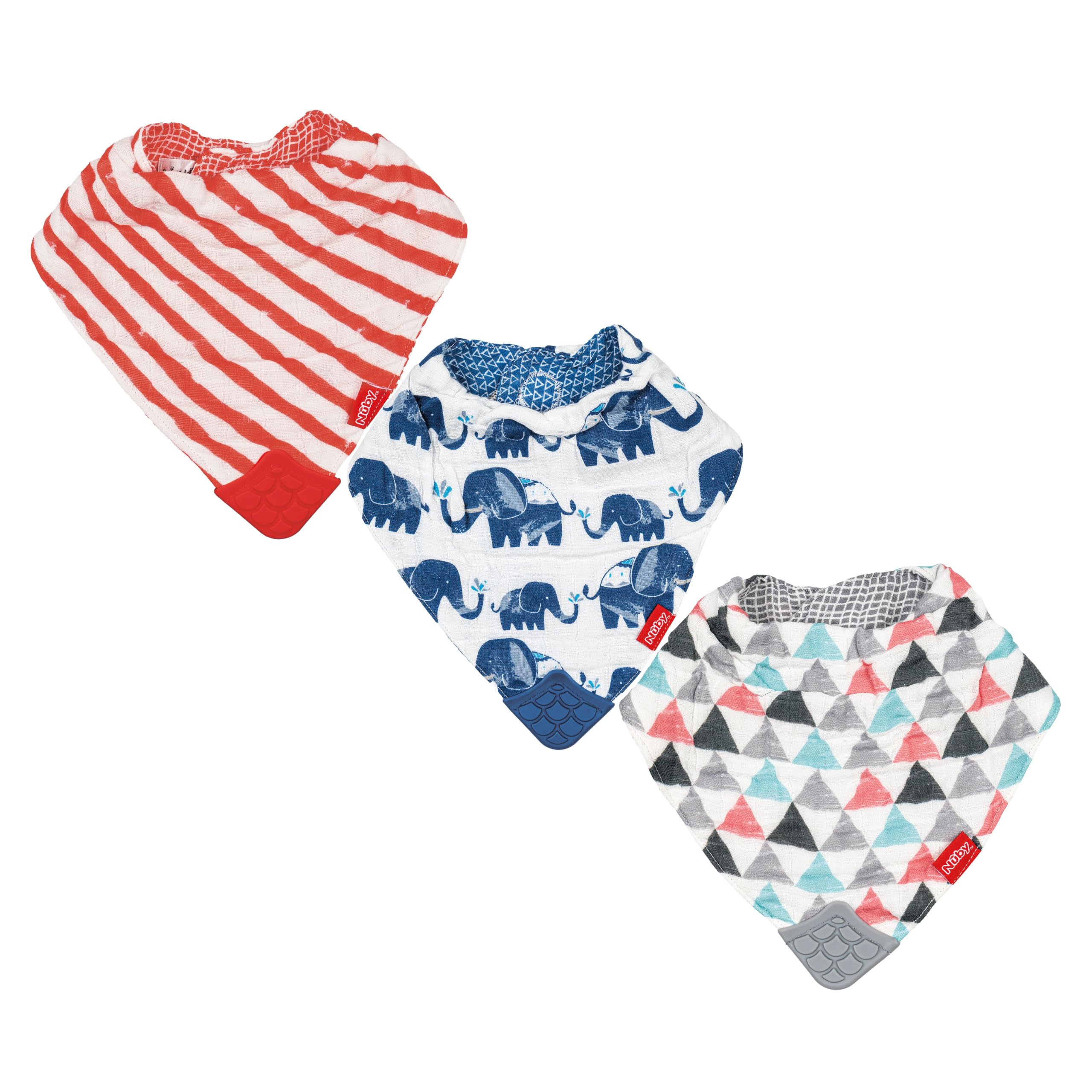 Nuby Babero reversible de muselina de algodón 100% natural, 3 piezas, gris/rojo/azul, flechas/rayas rojas/elefantes
