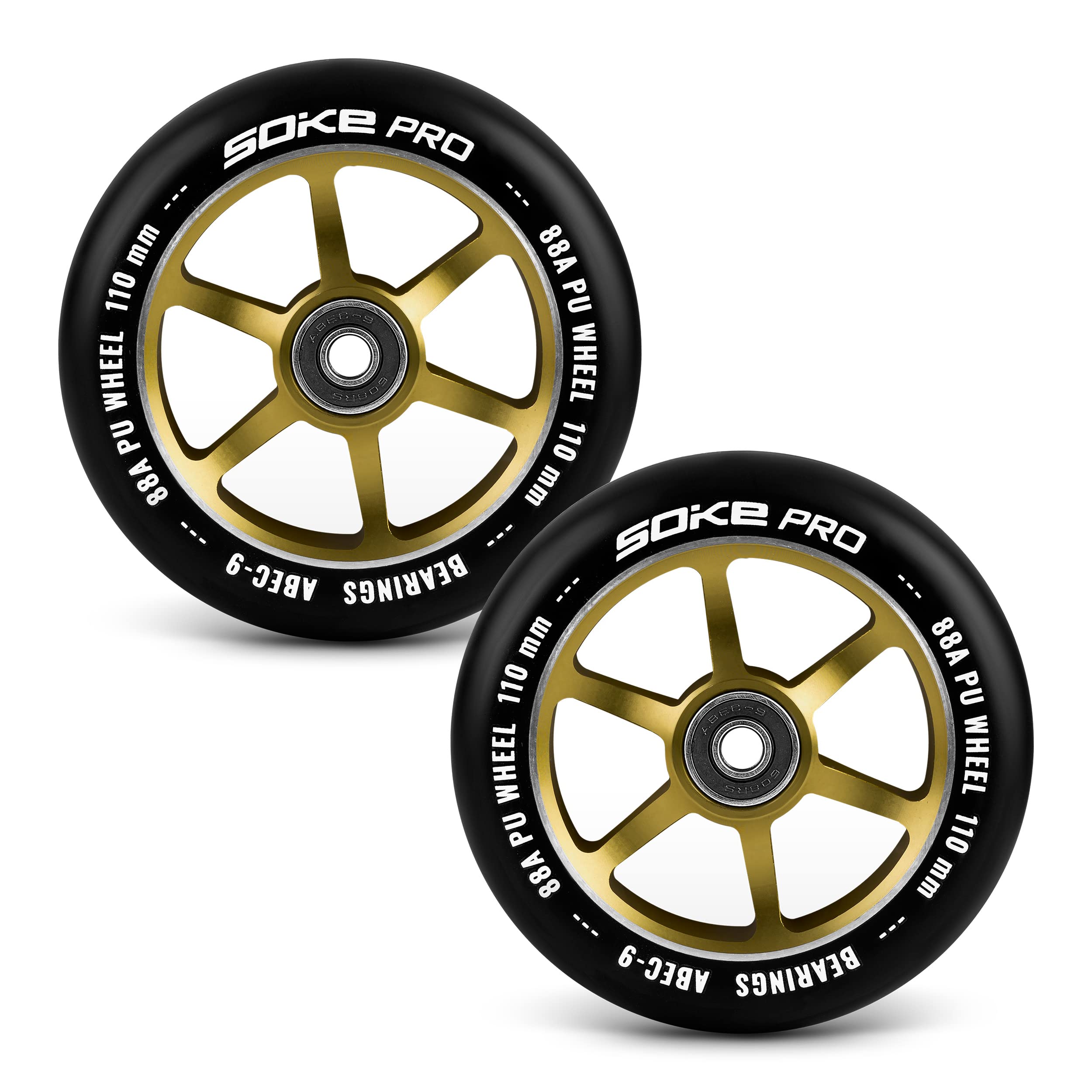 SOKE Juego de ruedas de patinete de 2 piezas de diámetro 110 mm con ruedas de 8 mm rodamientos ABEC 9 dureza 88A aluminio y PU para superficies duras doradas