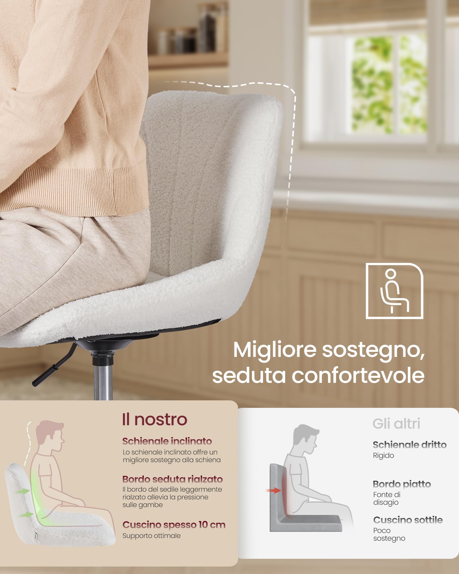 VASAGLE Sgabello da Trucco, Schienale, Sedia da Toeletta Regolabile in Altezza, Girevole a 360°, Camera da Letto Sala da Pranzo Postazione Trucco, Tessuto Peluche, Bianco Crema LJB160WD01