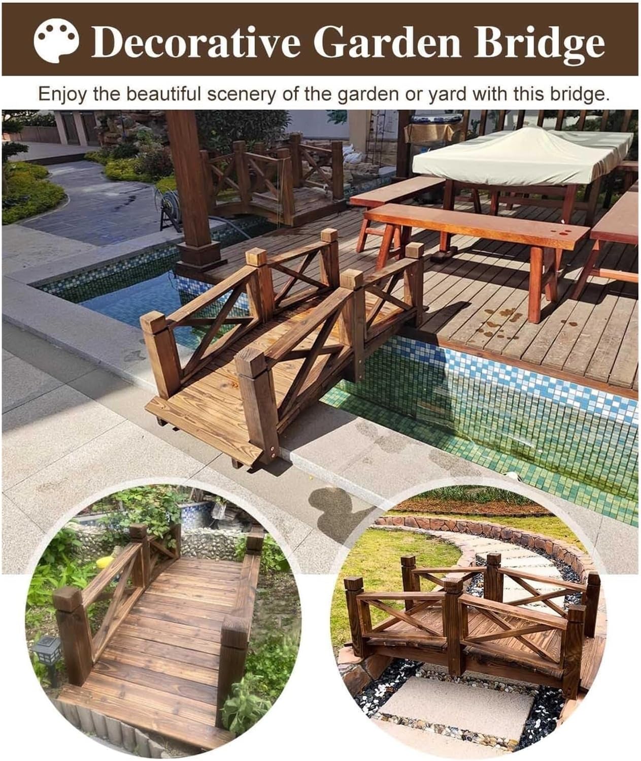 Wooden Garden Bridge, Wood Arc Footbridge, Decorative Pond Bridge with Side Rails, Backyard Farm Creek Footbridge