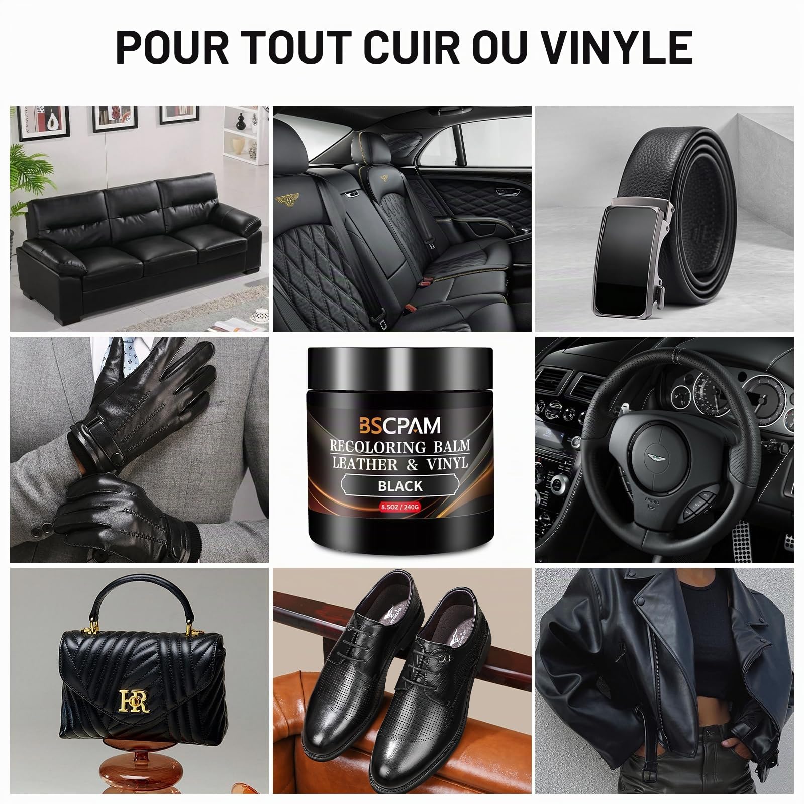 Kit Reparation Cuir Noir,Balsam pour Recoloriage Cuir,Peinture Cuir Liquide,Vinyle Teinture Cuir Réparation pour Canapés,Sièges Voiture,Chaussures,Selle,Blouson en Cuir Griffures/Taches