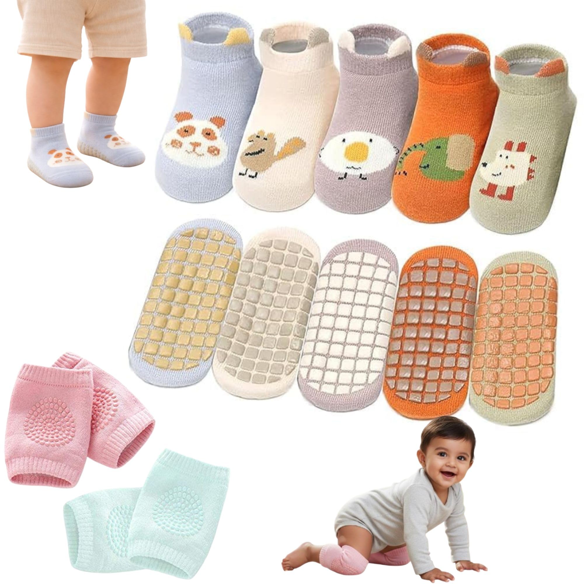 6 Pairs Baby Anti Slip Socks & Knee Pads Set for Boys & Girls 1-3 Years | 4 Pair Cartoon Grip Ankle Sock + 2 Pair Crawling Knee | Soft Lycra Cotton Non Skid Silicone Sole for Infants & Toddlers-image-21