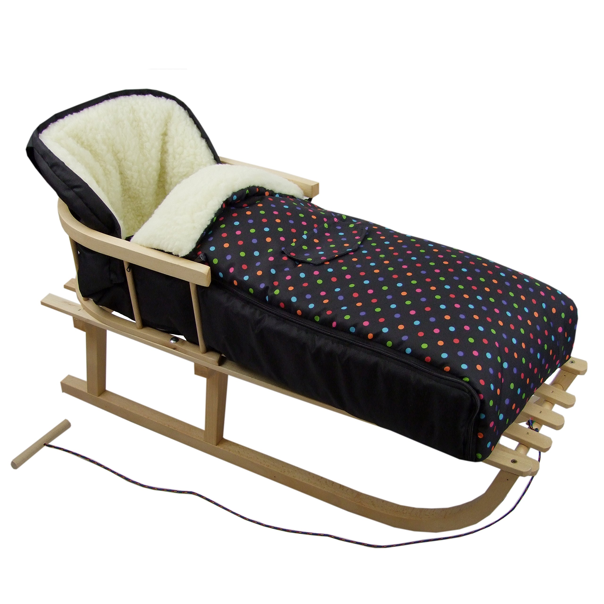 BAMBINIWELT Kombi-Angebot Holz-Schlitten mit Rückenlehne & Zugseil + universaler Winterfußsack (108cm), auch geeignet für Babyschale, Kinderwagen, Buggy, aus Wolle Design