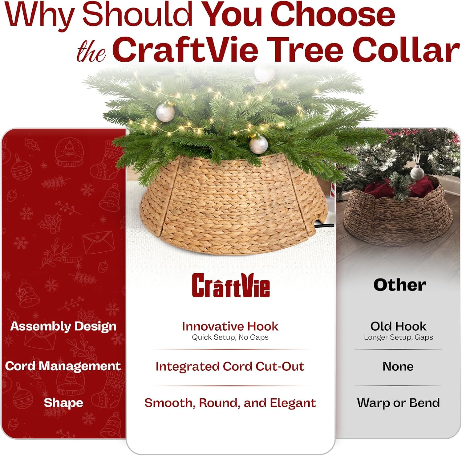 30" Water Hyacinth Christmas Tree Collar - for Both Pencil and Real Trees, Cozy Rustic Farmhouse Boho Modern Decor in Natural Color