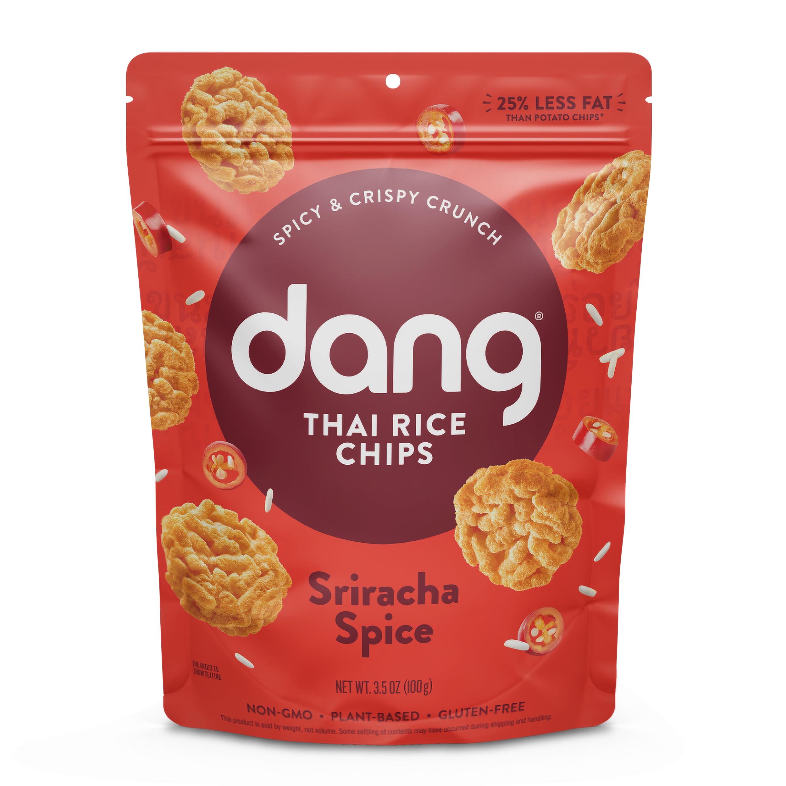 Dang Thai Rice Chips Sriracha Spice, Vegan, Gluten Free Crisps, Non GMO, Healthy Savory Snacks, Made with Whole Foods, 30% Less Fat, Resealable Individual Bags, 3.5 oz
