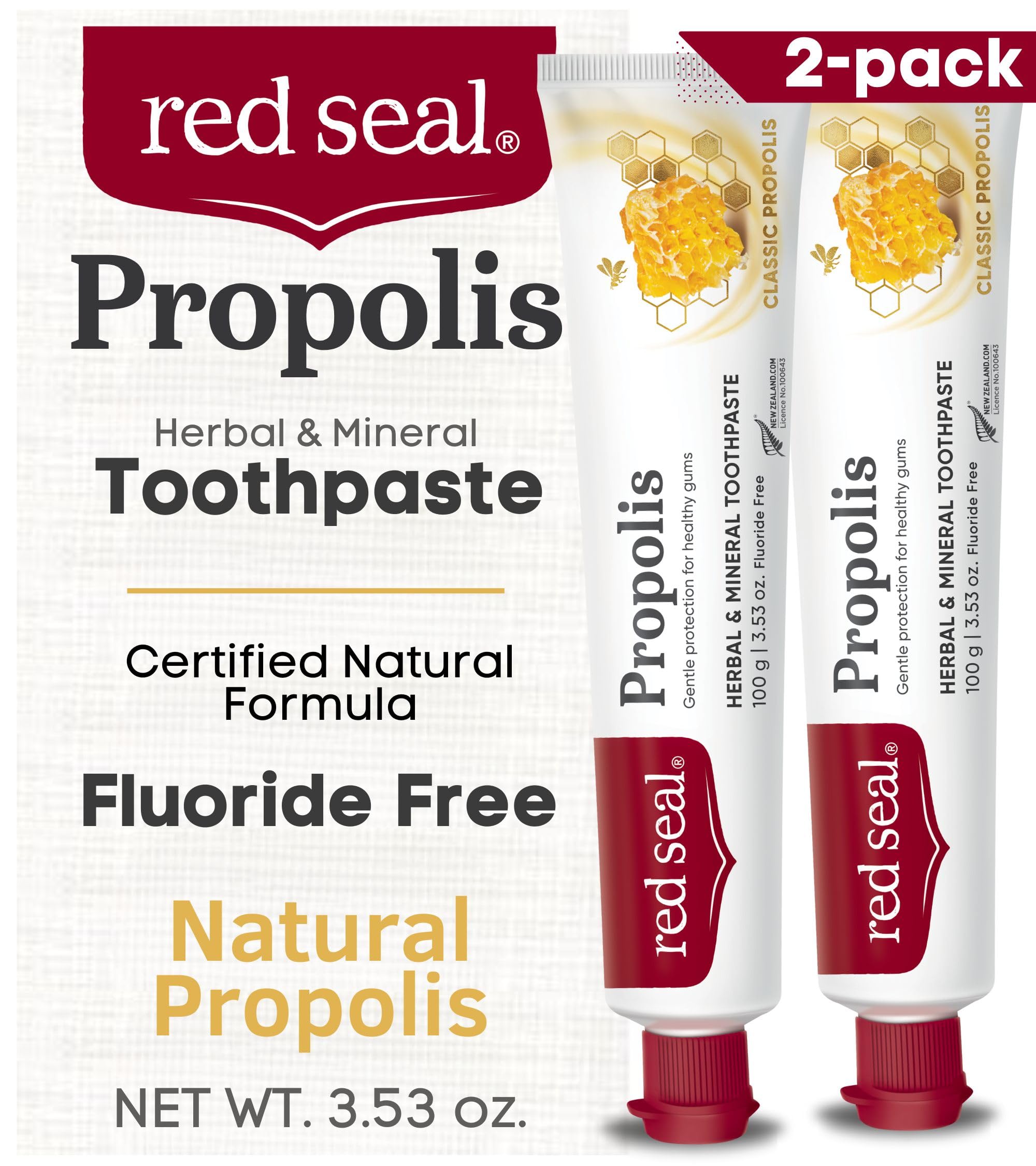 RED SEALPropolis Herbal & Mineral Natural Toothpaste - Fluoride Free, Organic, NATRUE Certified Natural- Supports Natural Gum Health and Oral Hygiene, Prevents Plaque, Vegan, Cruelty-Free (2)Natrue