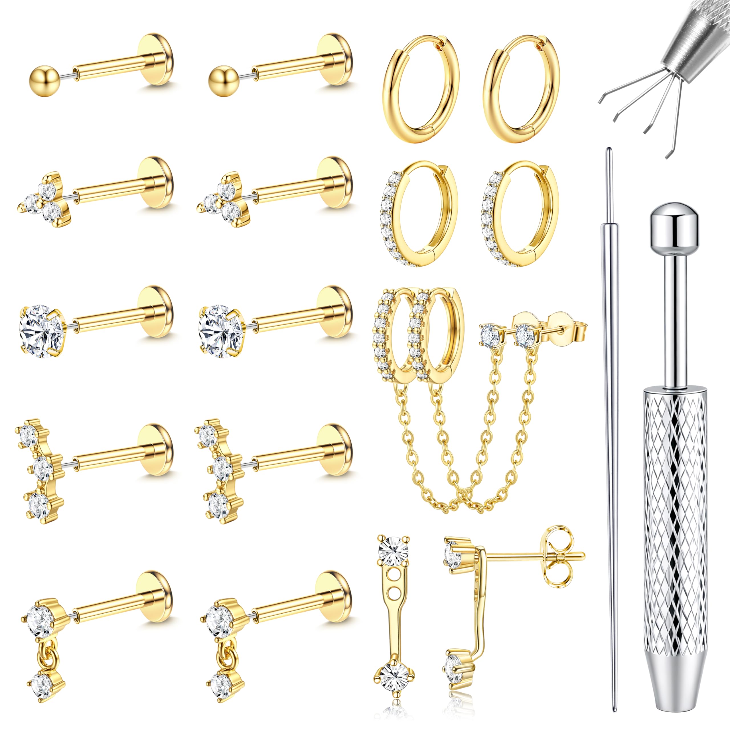 Pendientes de Tuerca con Parte Trasera Plana de 16G/18G/20G para Mujer, hipoalergénicos